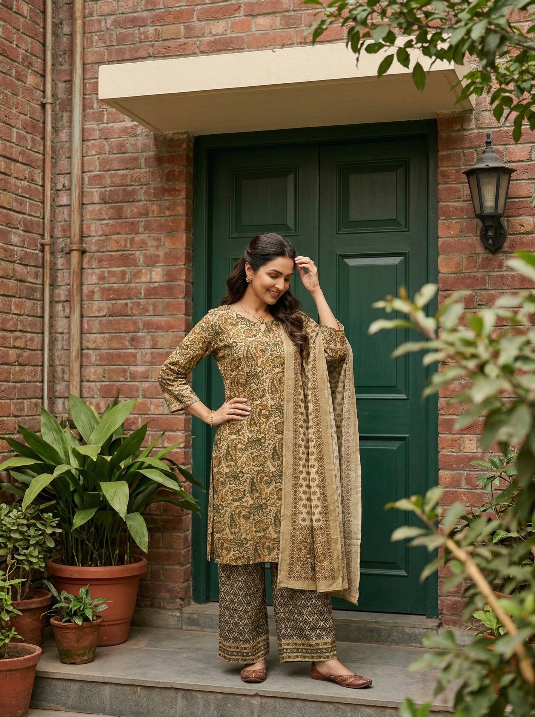 KALAMKARI COTTON BEIGE/GREEN 3PC KPD SET