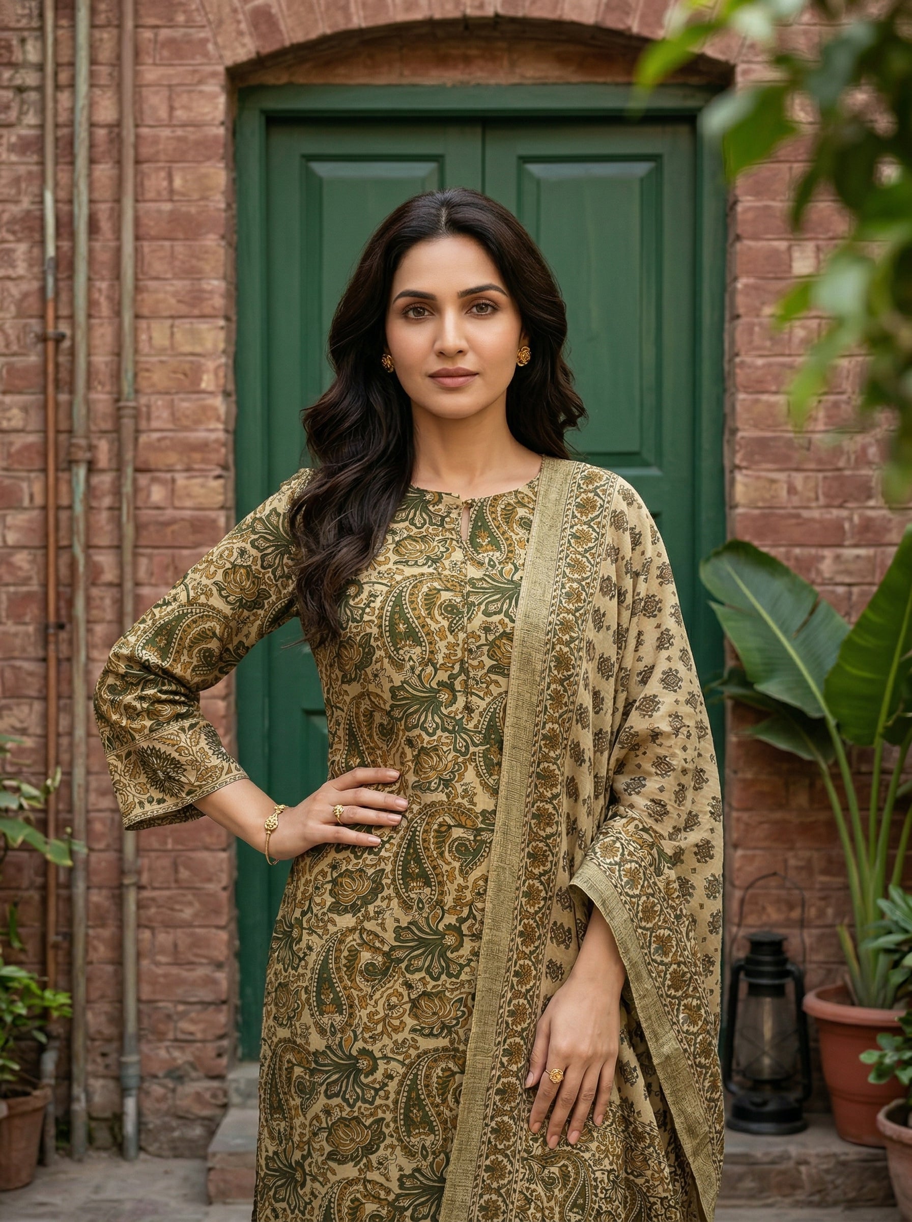 KALAMKARI COTTON BEIGE/GREEN 3PC KPD SET