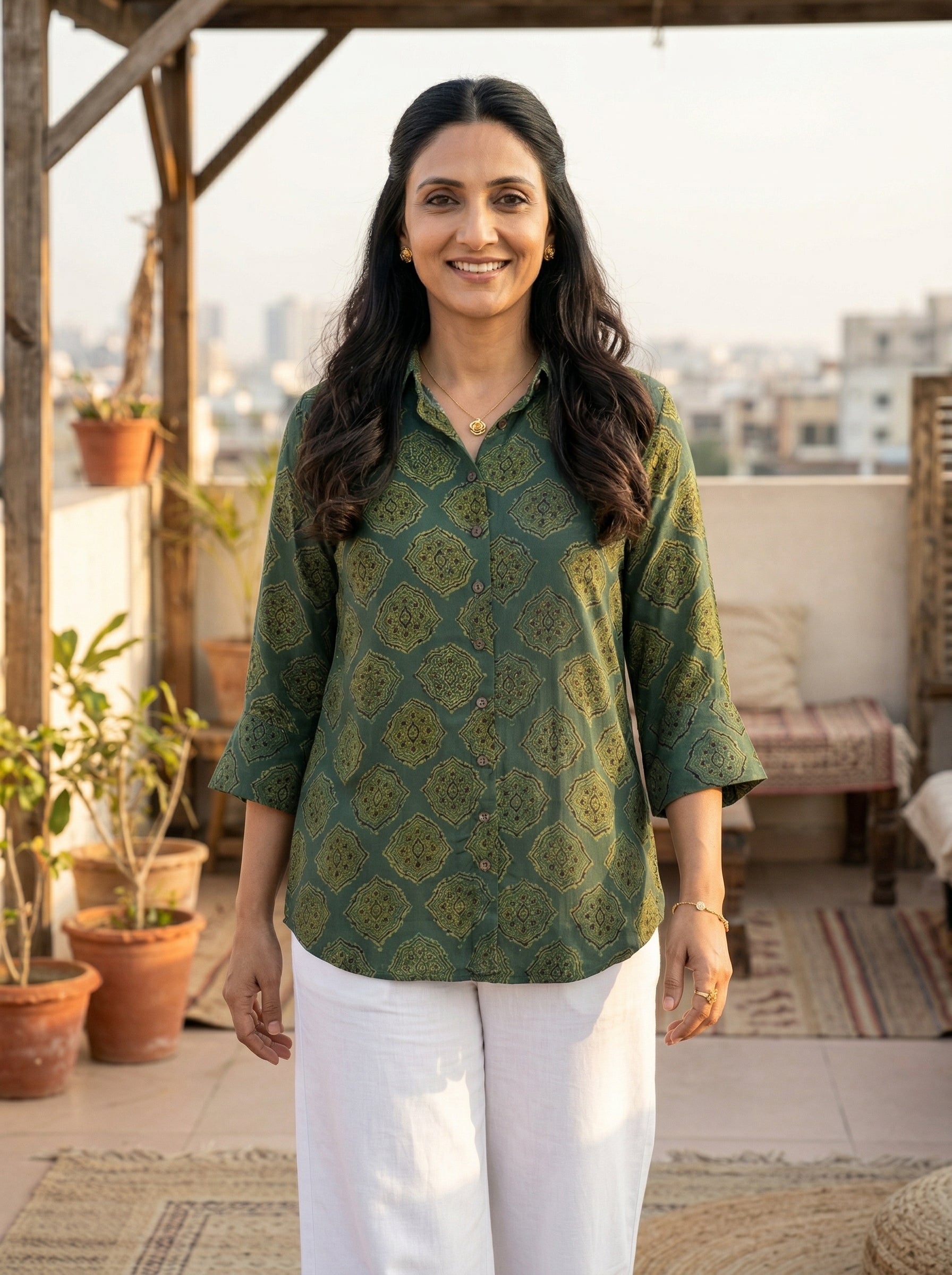 Green Modal Silk Ajrakh Silk Stories Shirt