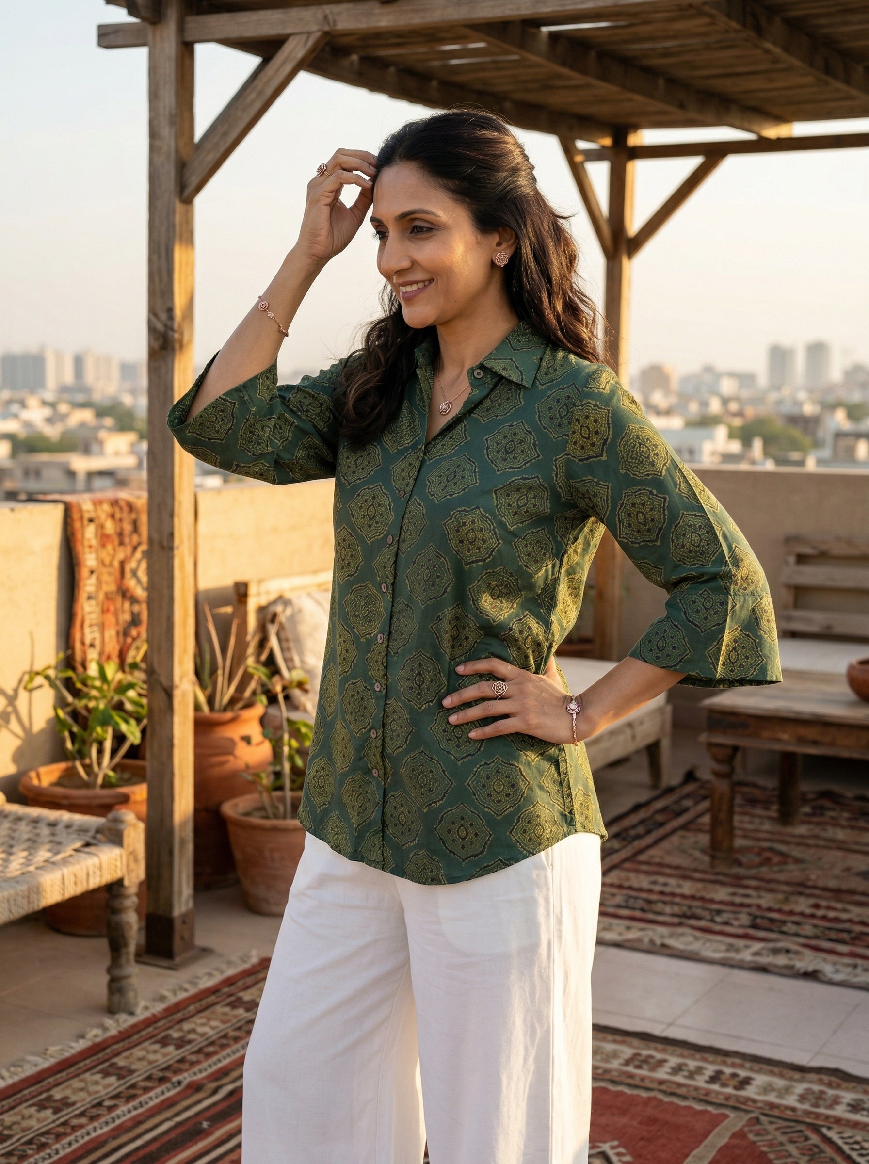 Green Modal Silk Ajrakh Silk Stories Shirt