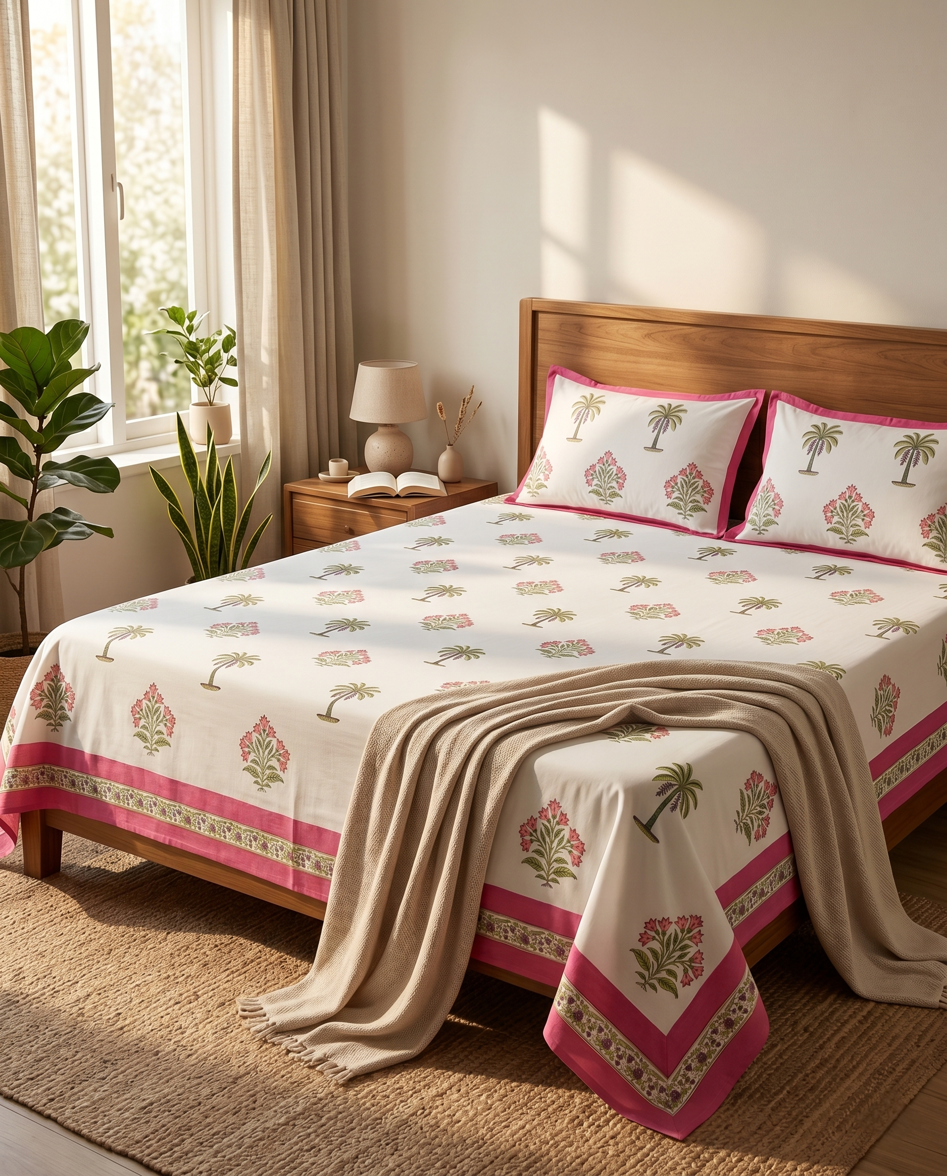 Palm Home Heritage Pink Tropica Premium Cotton Bedsheet