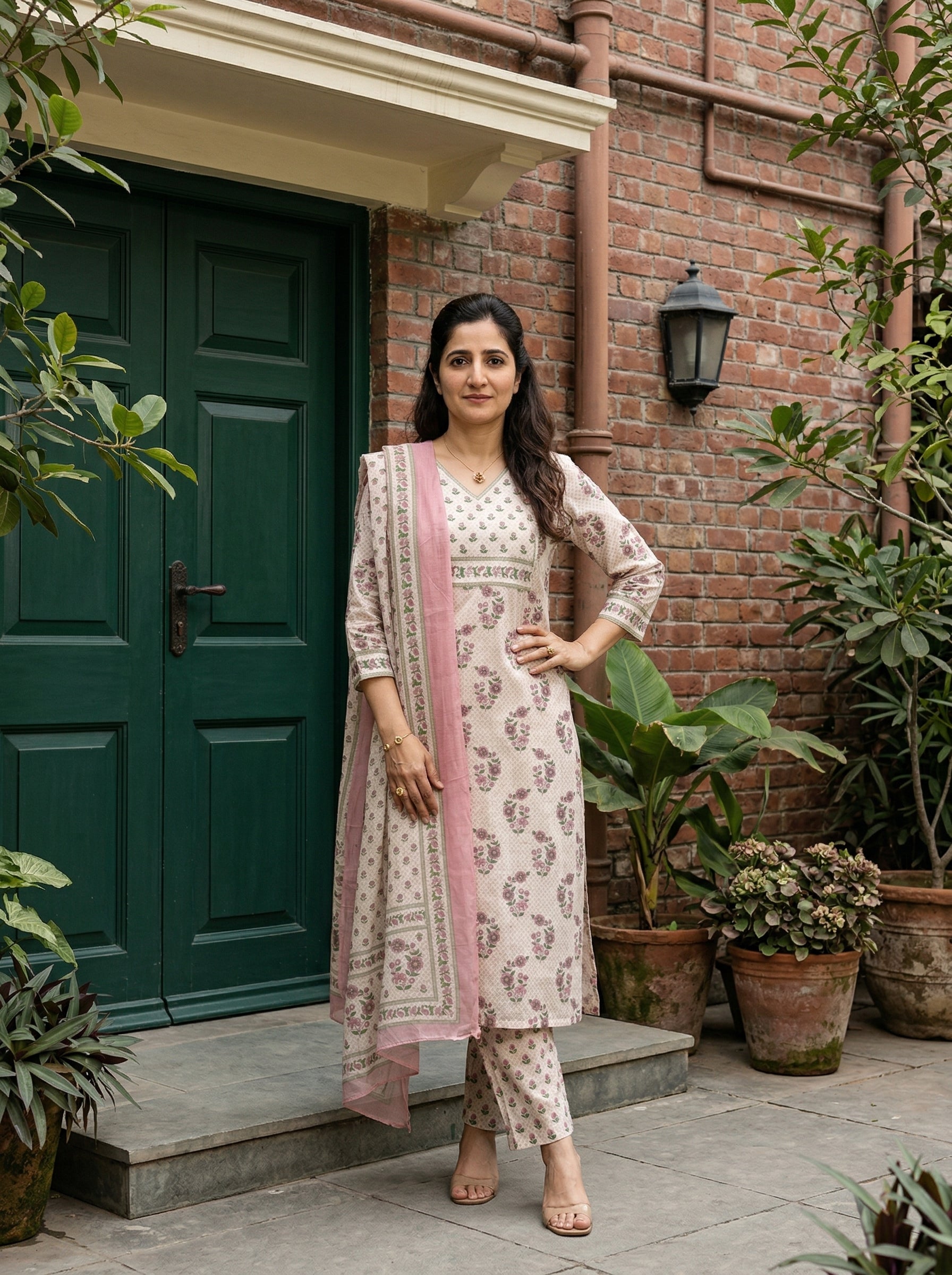 SUMMER BLOOMS WHITE / PINK, GREEN COTTON KPD SET