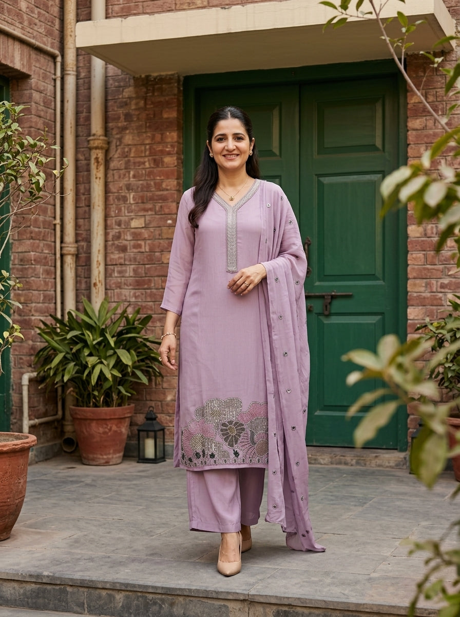 MUL MUSLIN HANDWORK LILAC KURTA PANT SET