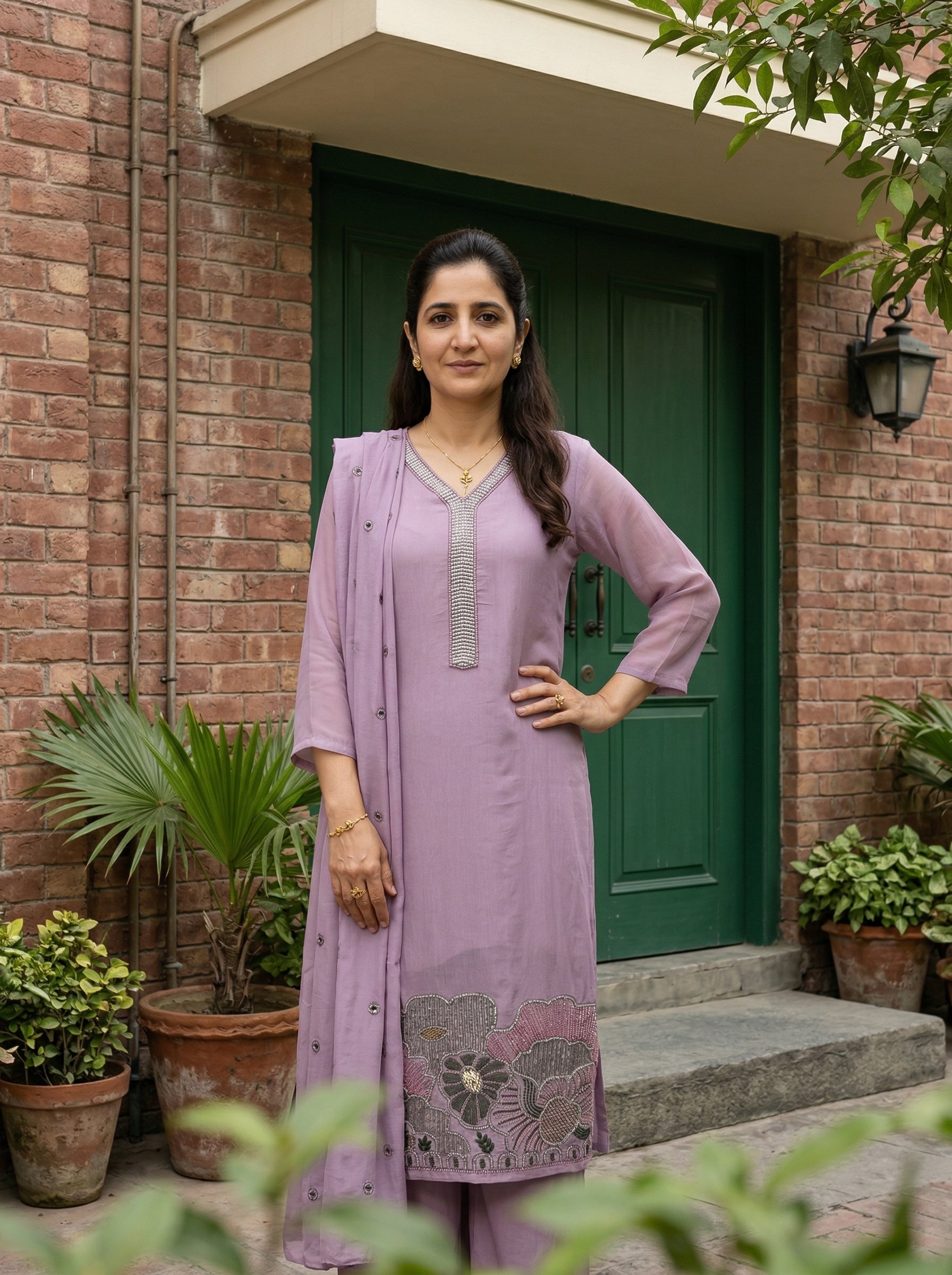MUL MUSLIN HANDWORK LILAC KURTA PANT SET