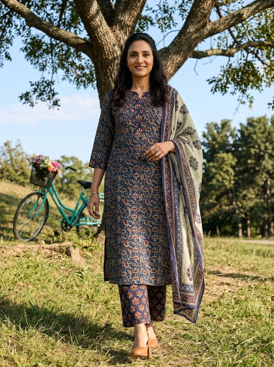 KALAMKARI FLORAL BLUE COTTON KPD SET
