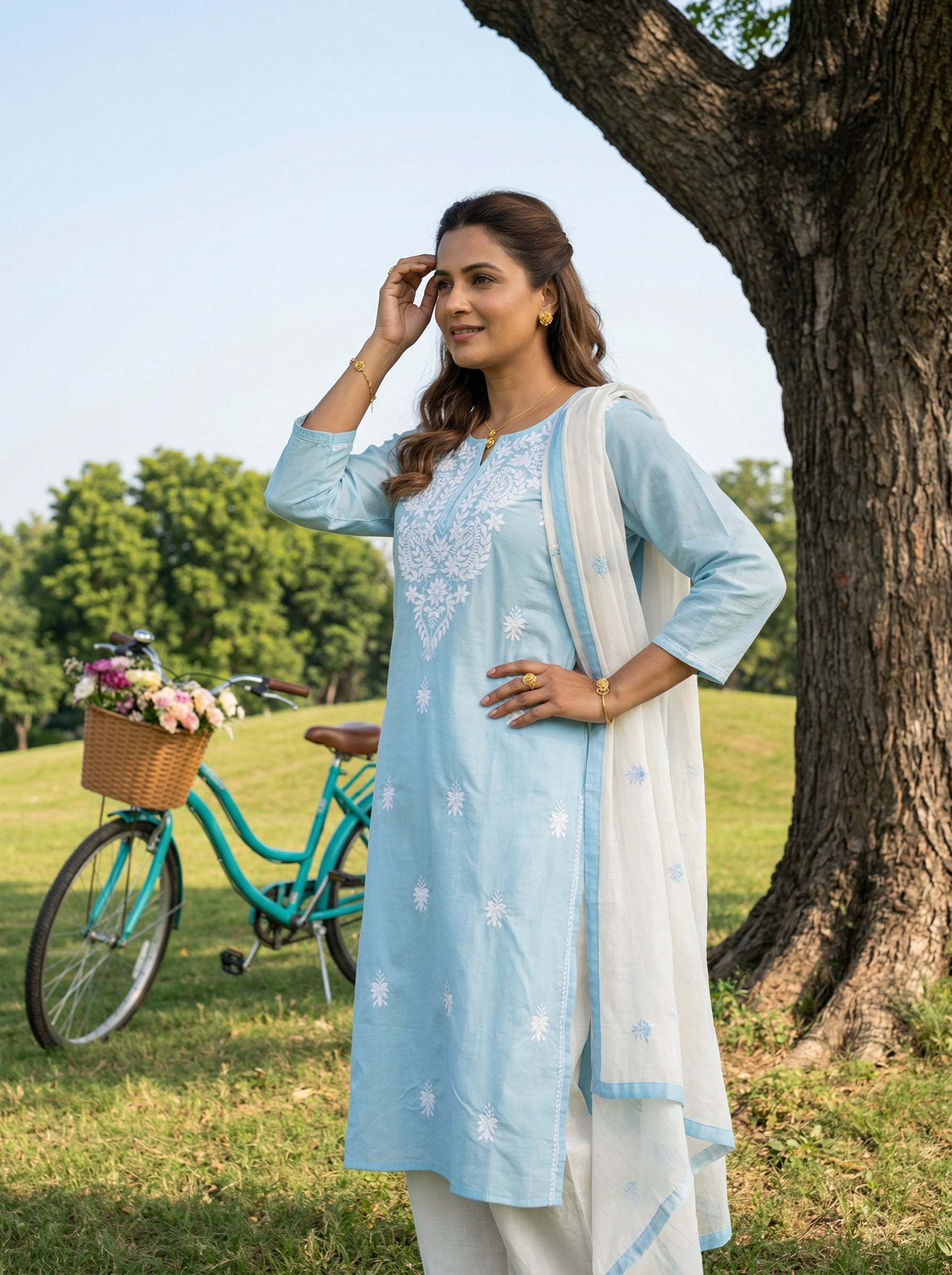 CHIKANKARI BLOOM COTTON BLUE KPD SET