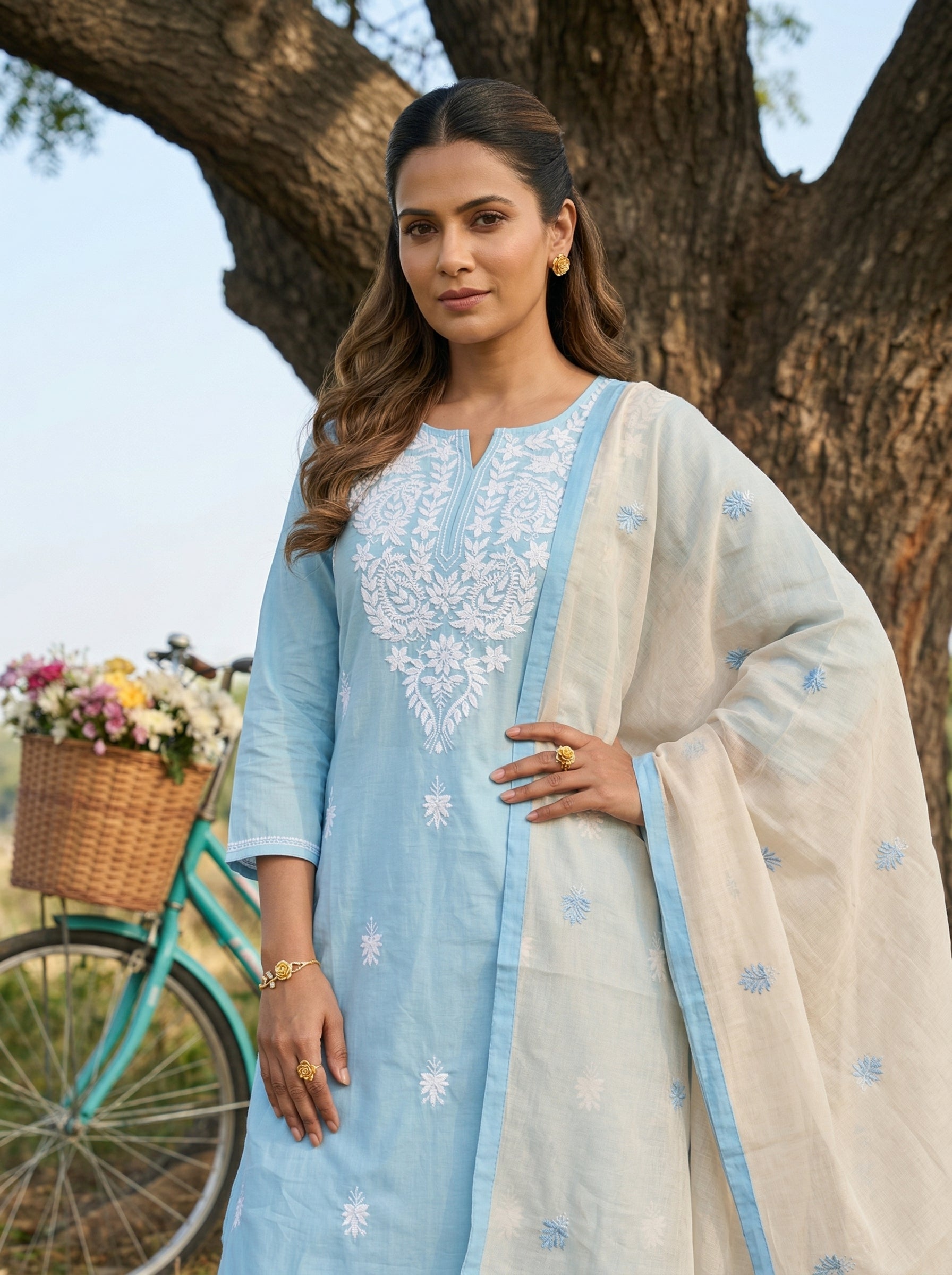 CHIKANKARI BLOOM COTTON BLUE KPD SET