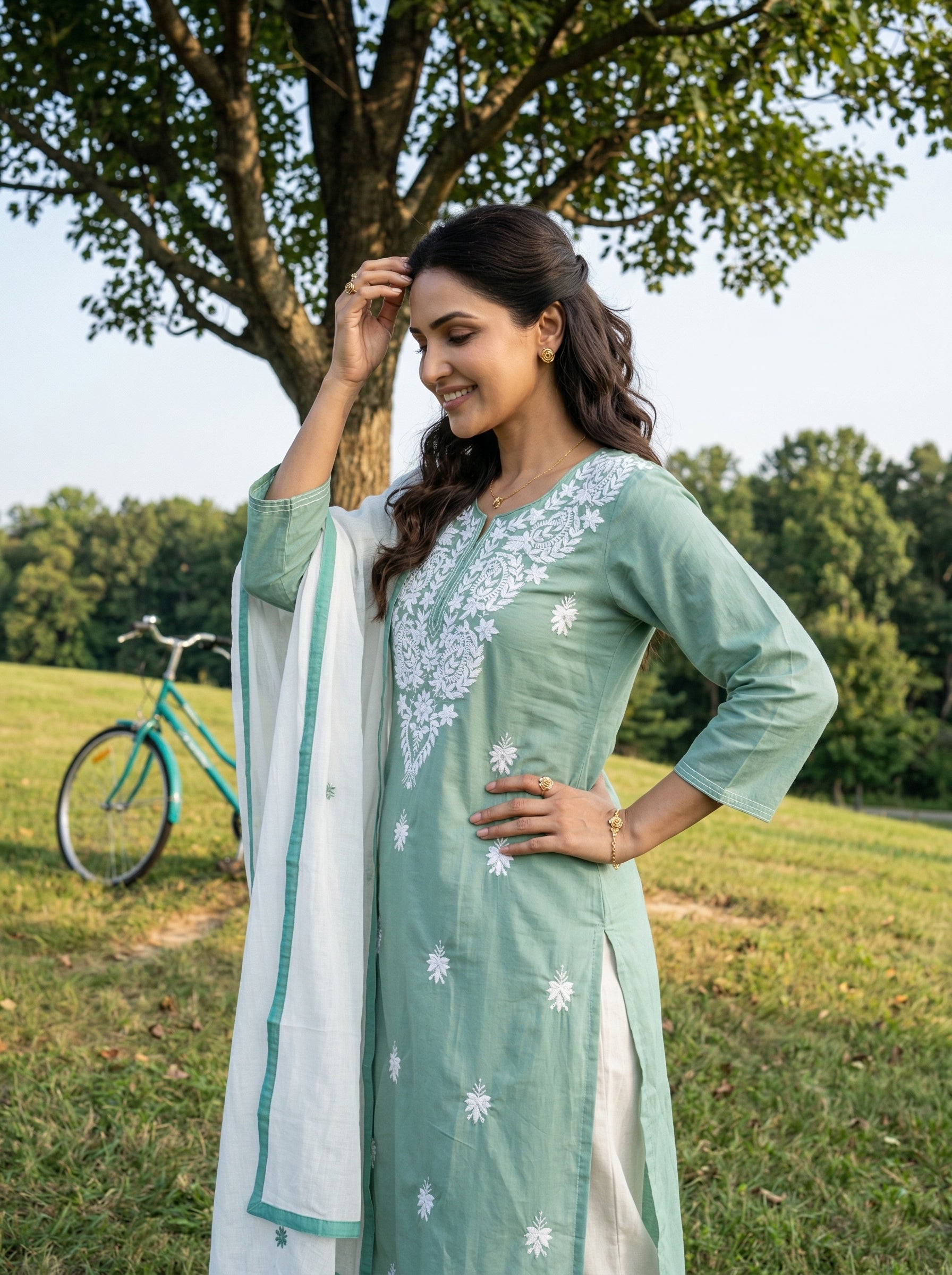 CHIKANKARI BLOOM COTTON GREEN KPD SET