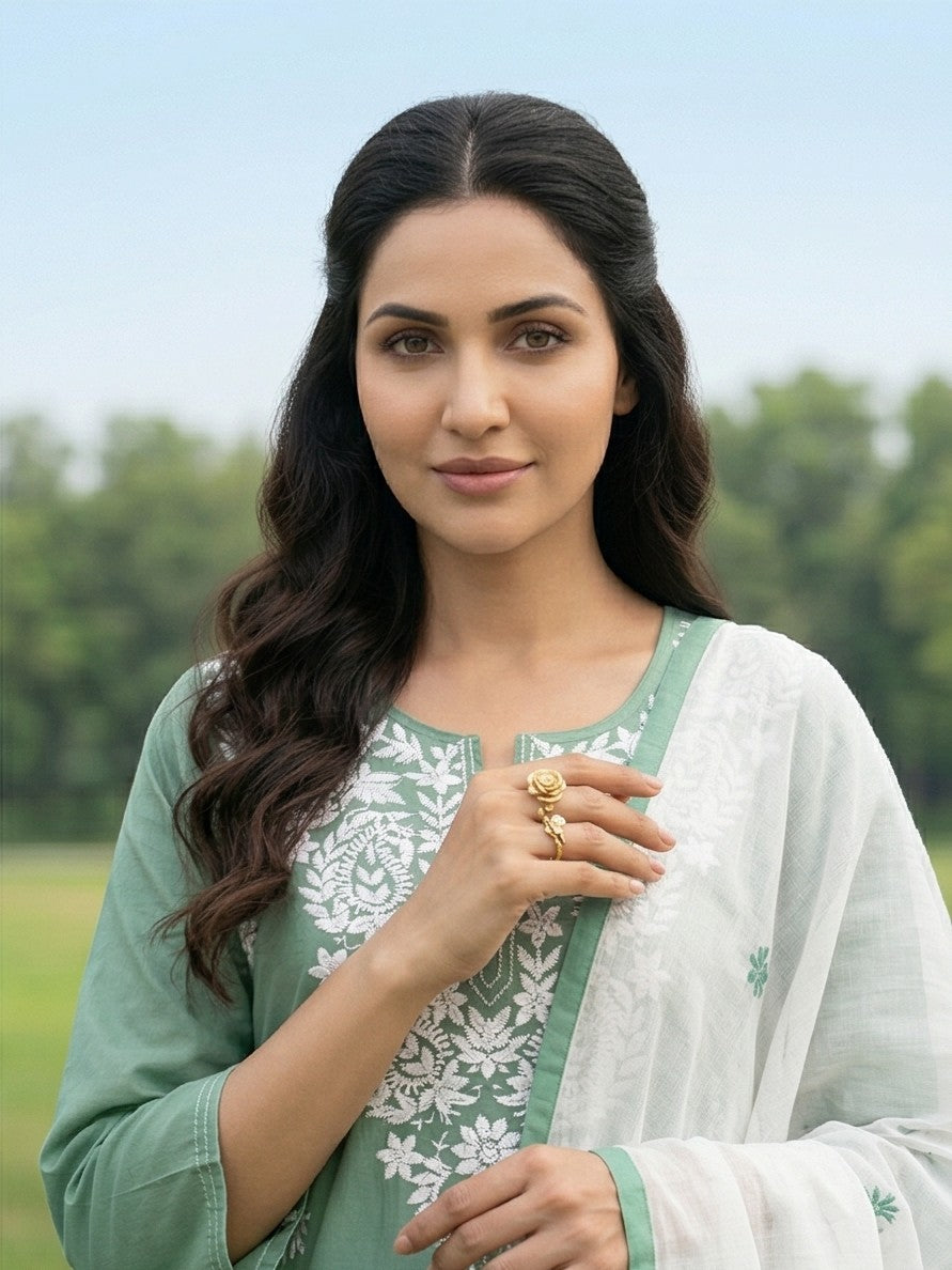 CHIKANKARI BLOOM COTTON GREEN KPD SET