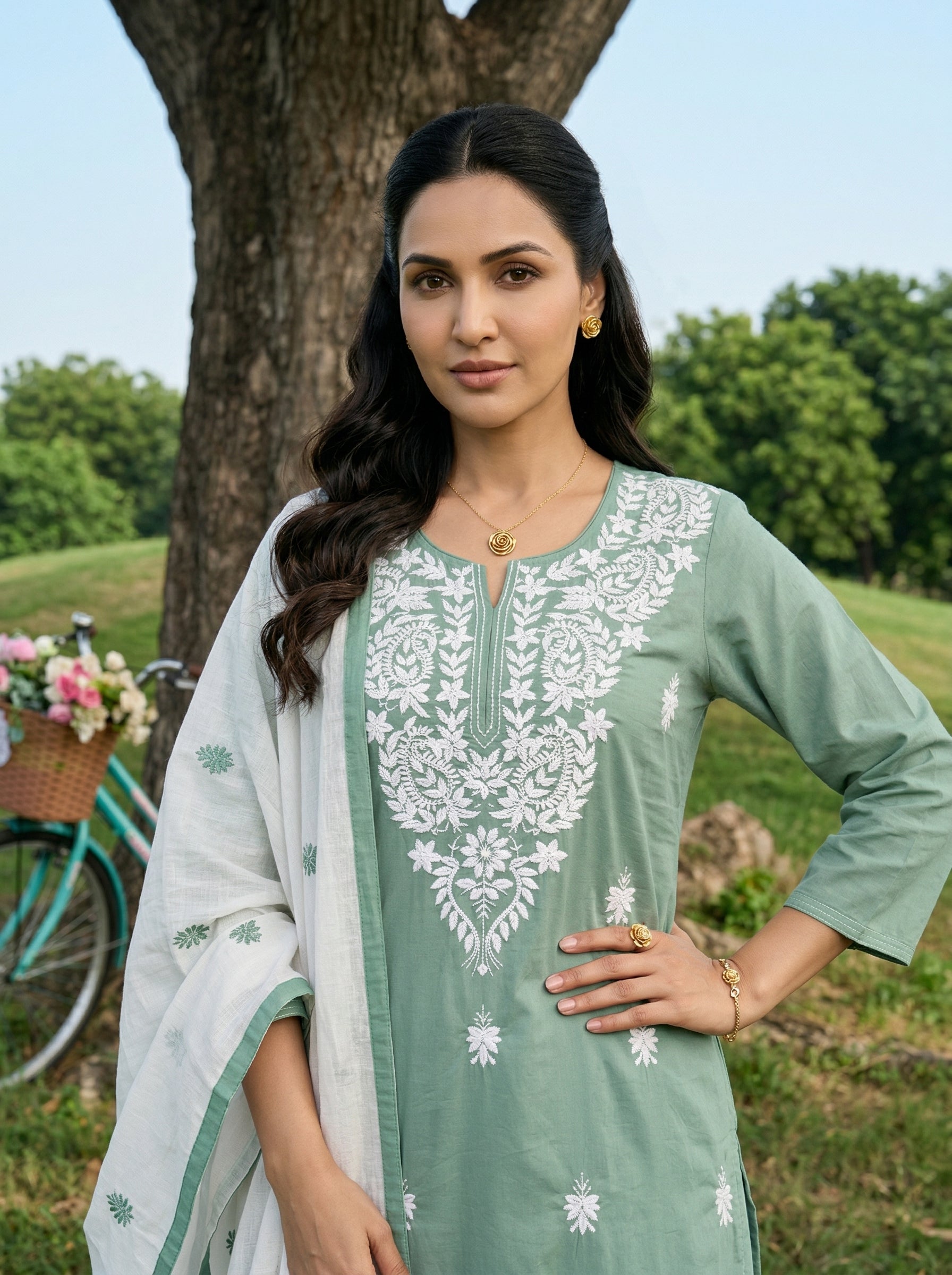 CHIKANKARI BLOOM COTTON GREEN KPD SET