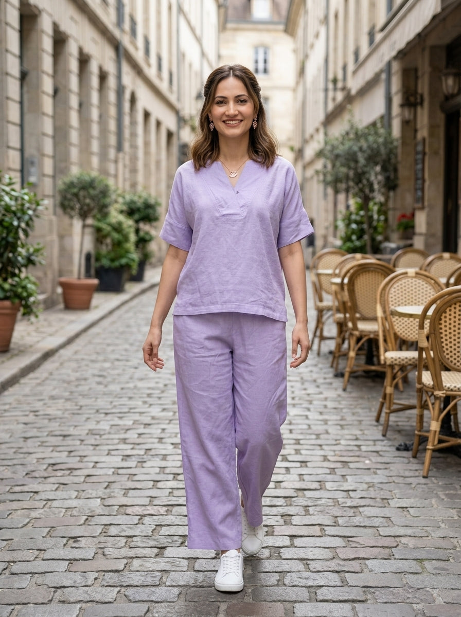 LOOSE FIT TEXTURED PURPLE MODAL SILK COTTON CORDSET