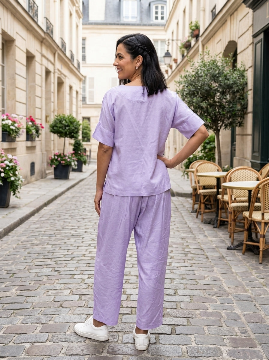 LOOSE FIT TEXTURED PURPLE MODAL SILK COTTON CORDSET