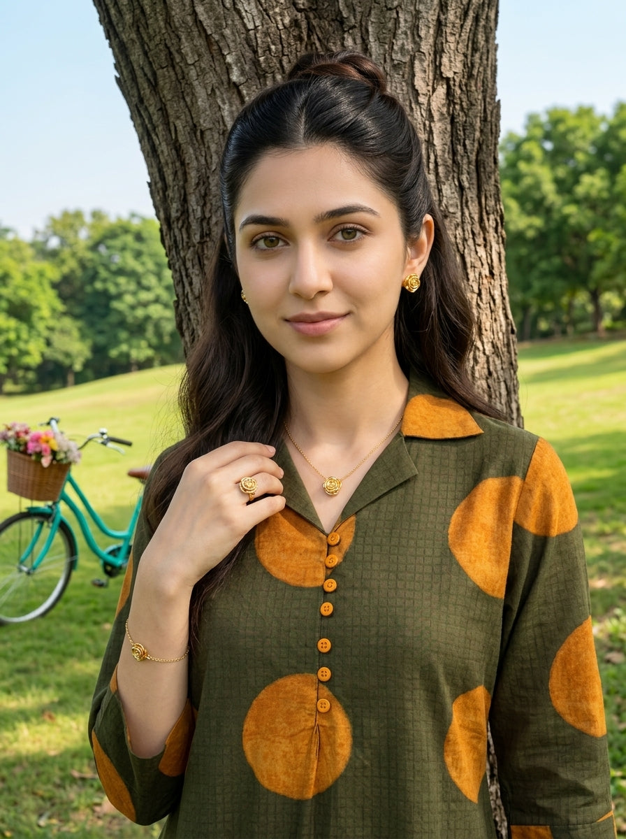 FINE COTTON COLLAR BOTTLE GREEN KP SET (HANDPRINTED)