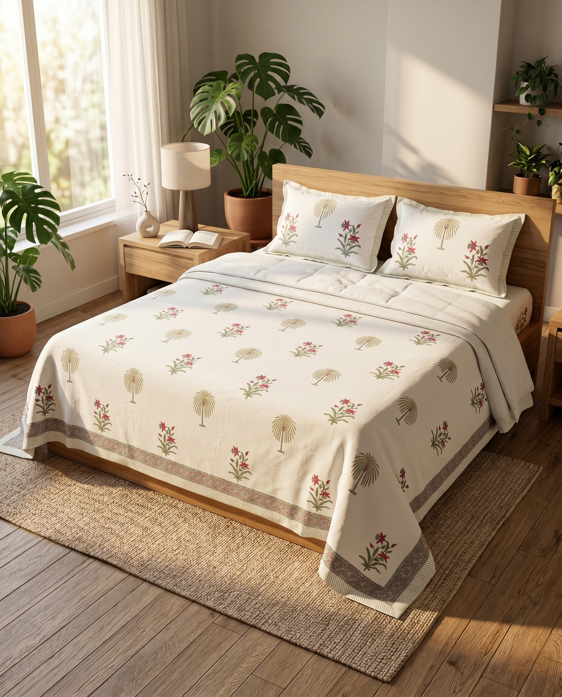 Tropical Flora Elegance Ivory Olive Blossom Premium Cotton Bedsheet