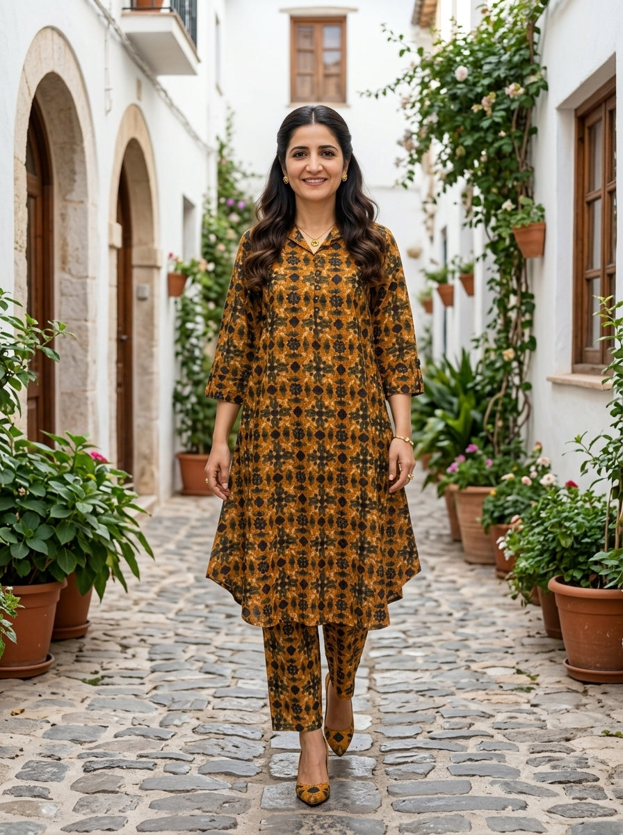 FINE COTTON COLLAR MUSTARD BROWN KP SET (HANDPRINTED)