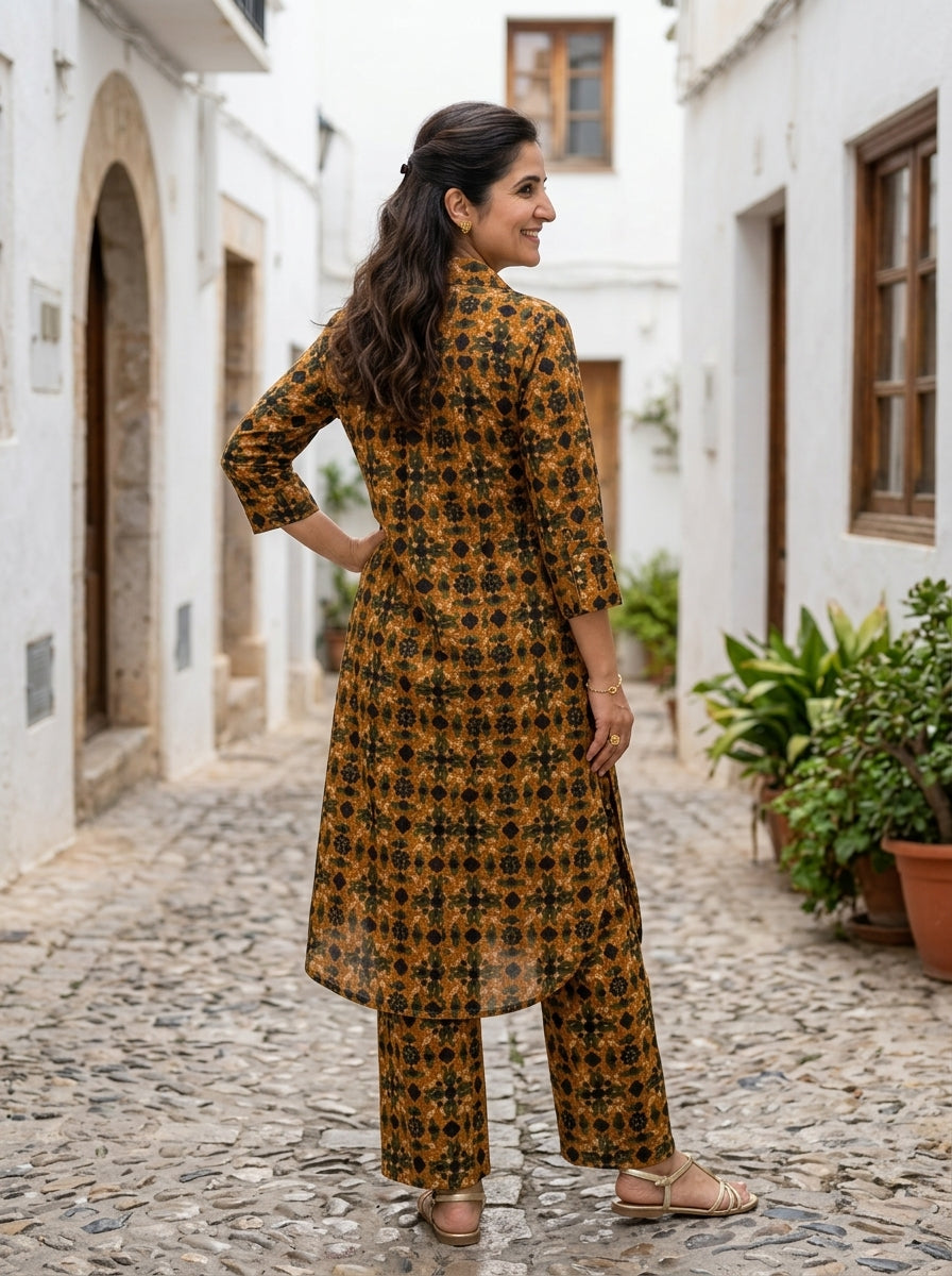 FINE COTTON COLLAR MUSTARD BROWN KP SET (HANDPRINTED)