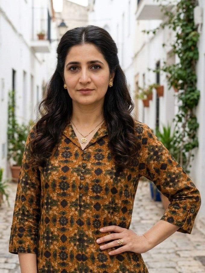FINE COTTON COLLAR MUSTARD BROWN KP SET (HANDPRINTED)