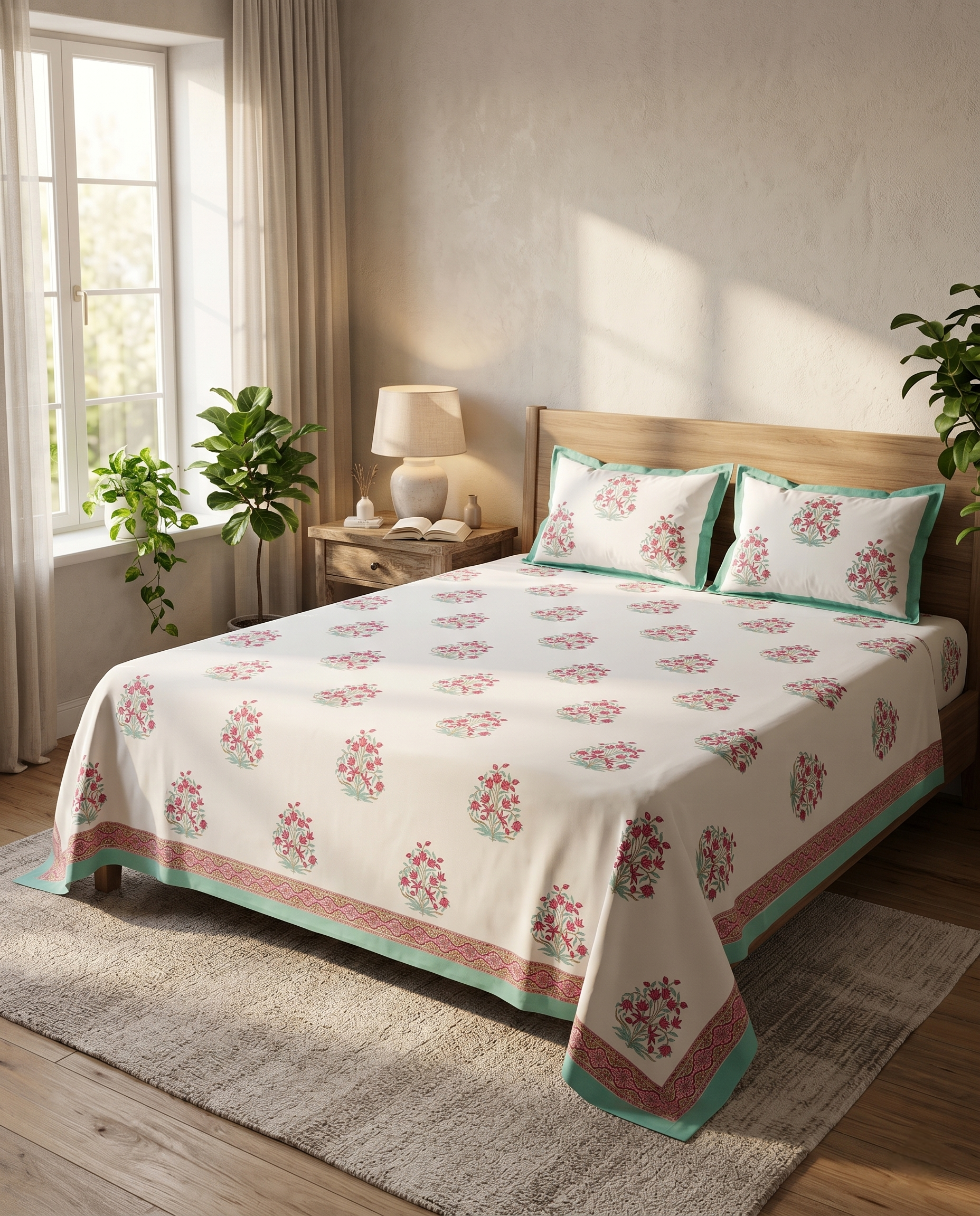 Mint Blossom Charm Ivory Aqua Pink Premium Cotton Bedsheet