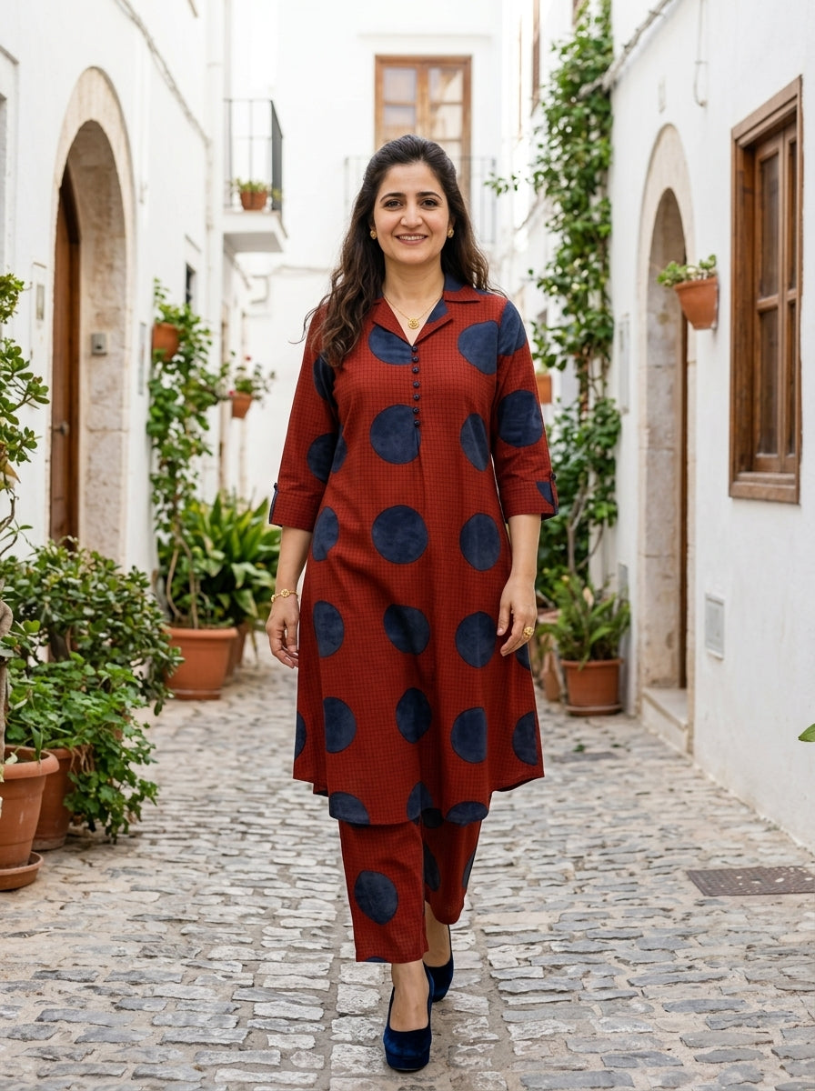 FINE COTTON COLLAR RED/BLUE KP SET (HANDPRINTED)