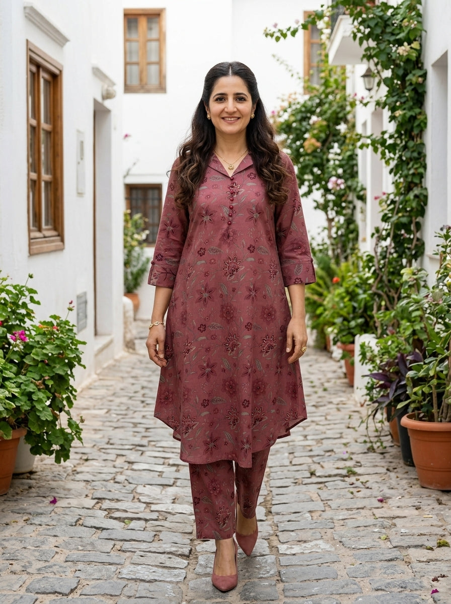 FINE COTTON COLLAR PINK KP SET (HANDPRINTED)
