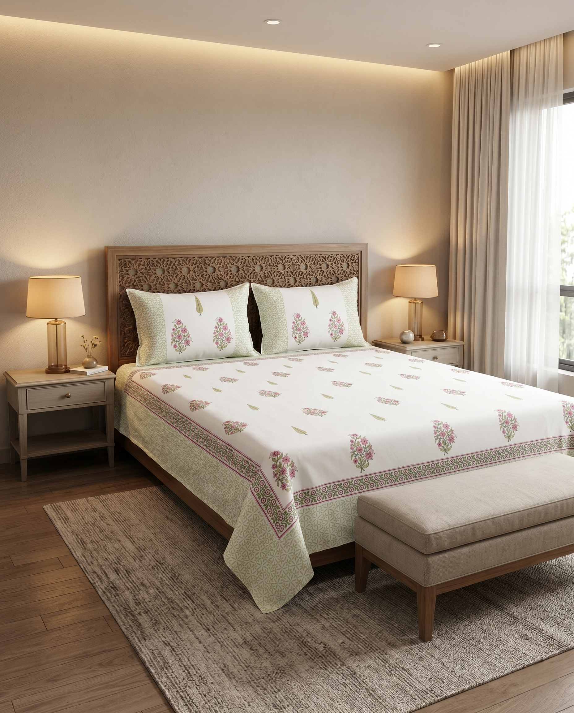 Gulmohar Bloom Cream Pink Shade Premium Cotton Bedsheet