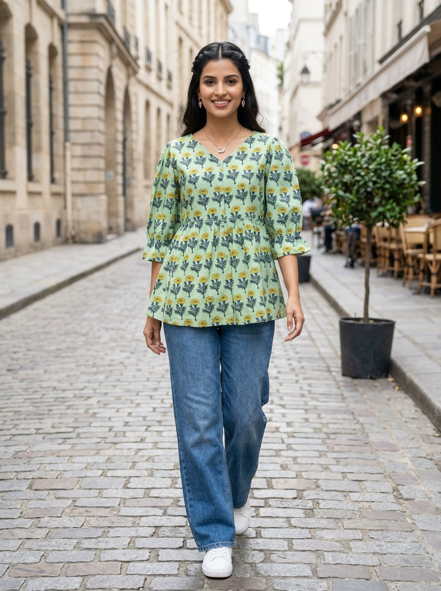 COTTON FLORAL CHARM GREEN PREMIUM COTTON TOP (HANDBLOCK)