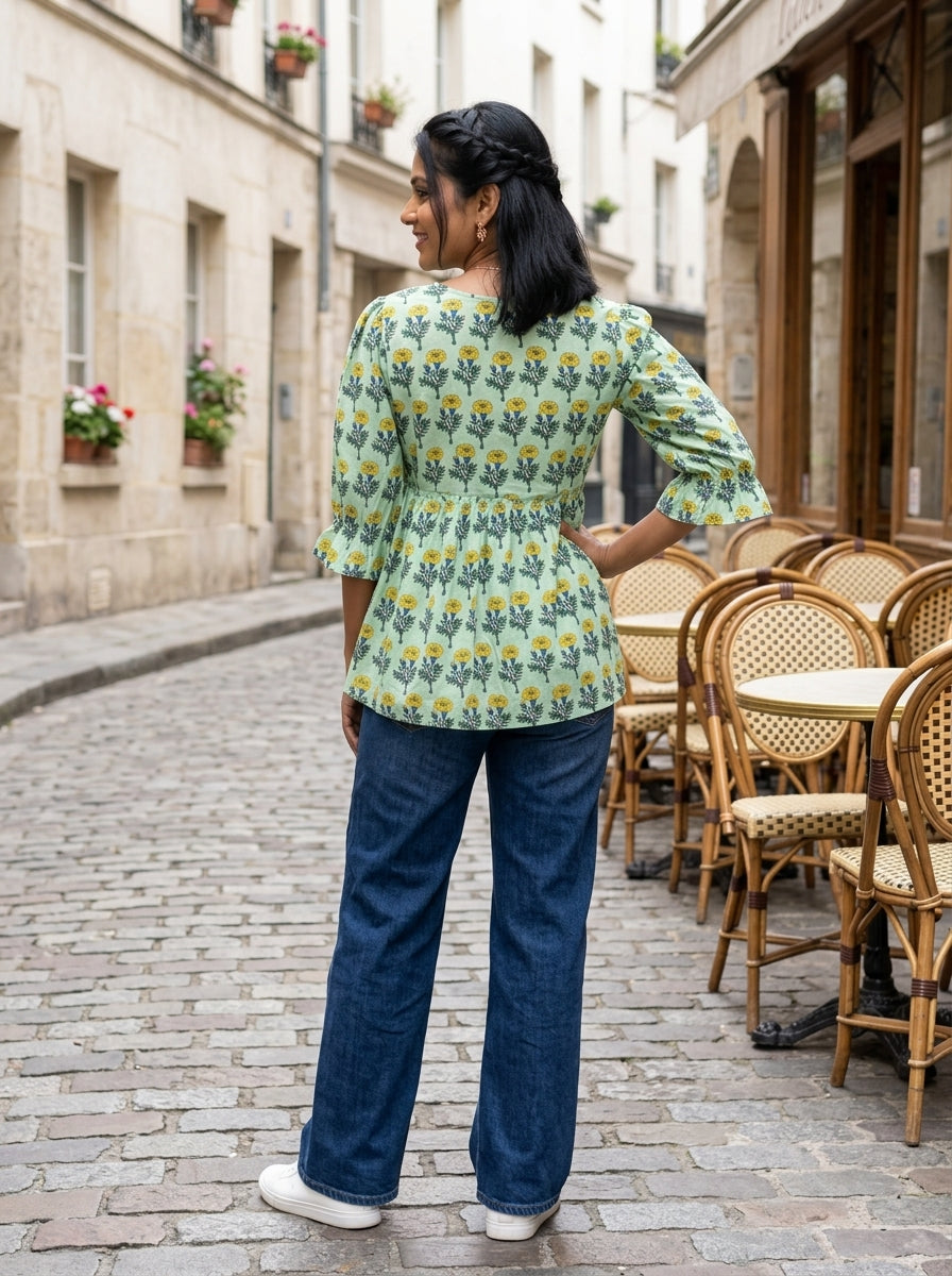 COTTON FLORAL CHARM GREEN PREMIUM COTTON TOP (HANDBLOCK)