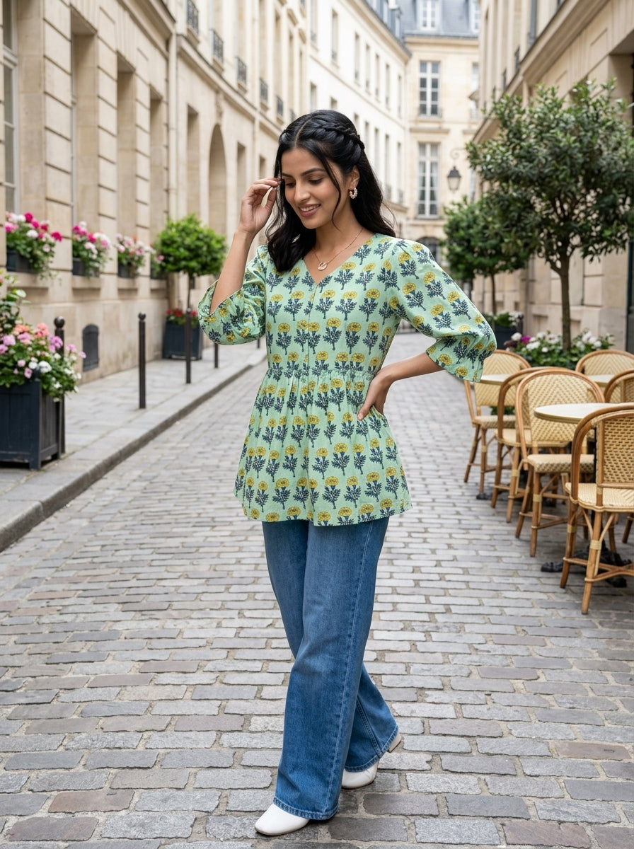 COTTON FLORAL CHARM GREEN PREMIUM COTTON TOP (HANDBLOCK)