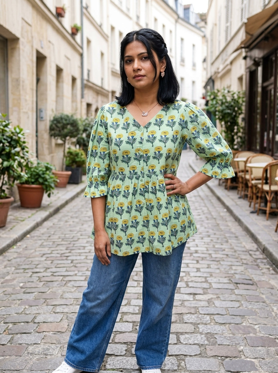 COTTON FLORAL CHARM GREEN PREMIUM COTTON TOP (HANDBLOCK)