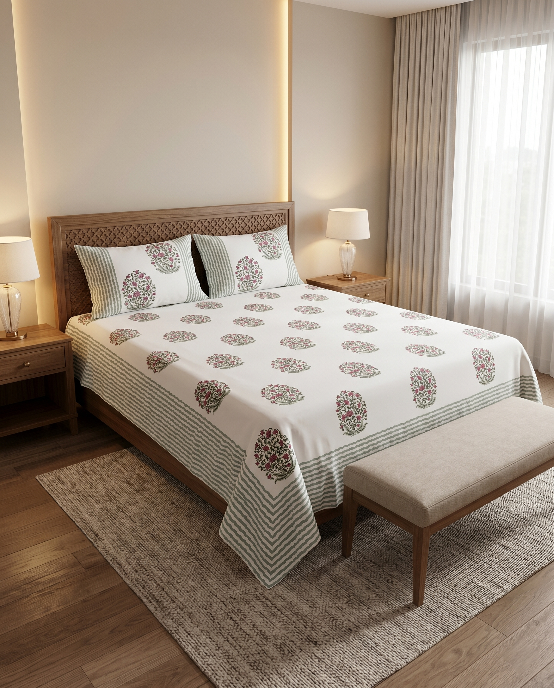 Baghra Handblock Ivory Rose Shade Premium Cotton Bedsheet