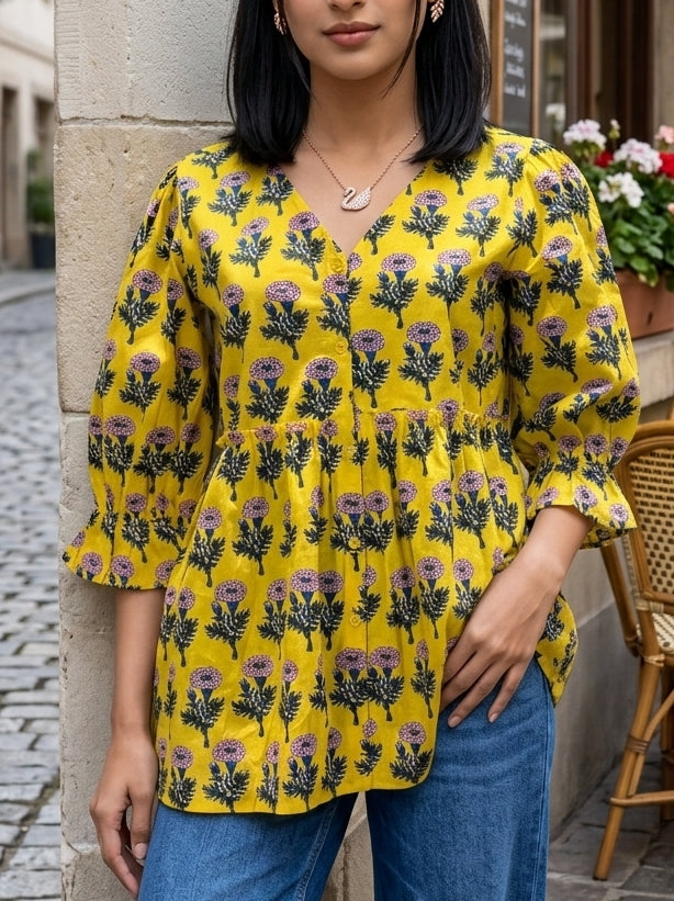 COTTON FLORAL CHARM YELLOW PREMIUM COTTON TOP (HANDBLOCK)