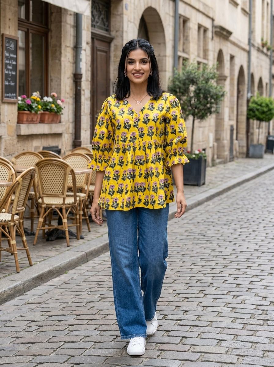 COTTON FLORAL CHARM YELLOW PREMIUM COTTON TOP (HANDBLOCK)