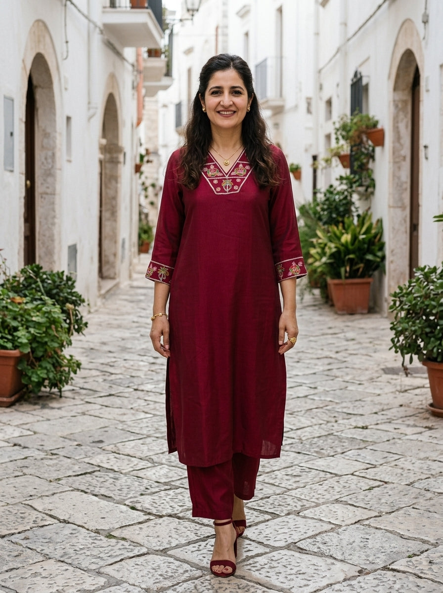 PALM BLOOM V-NECK PINK MUL MUSLIN KURTA PANT SET