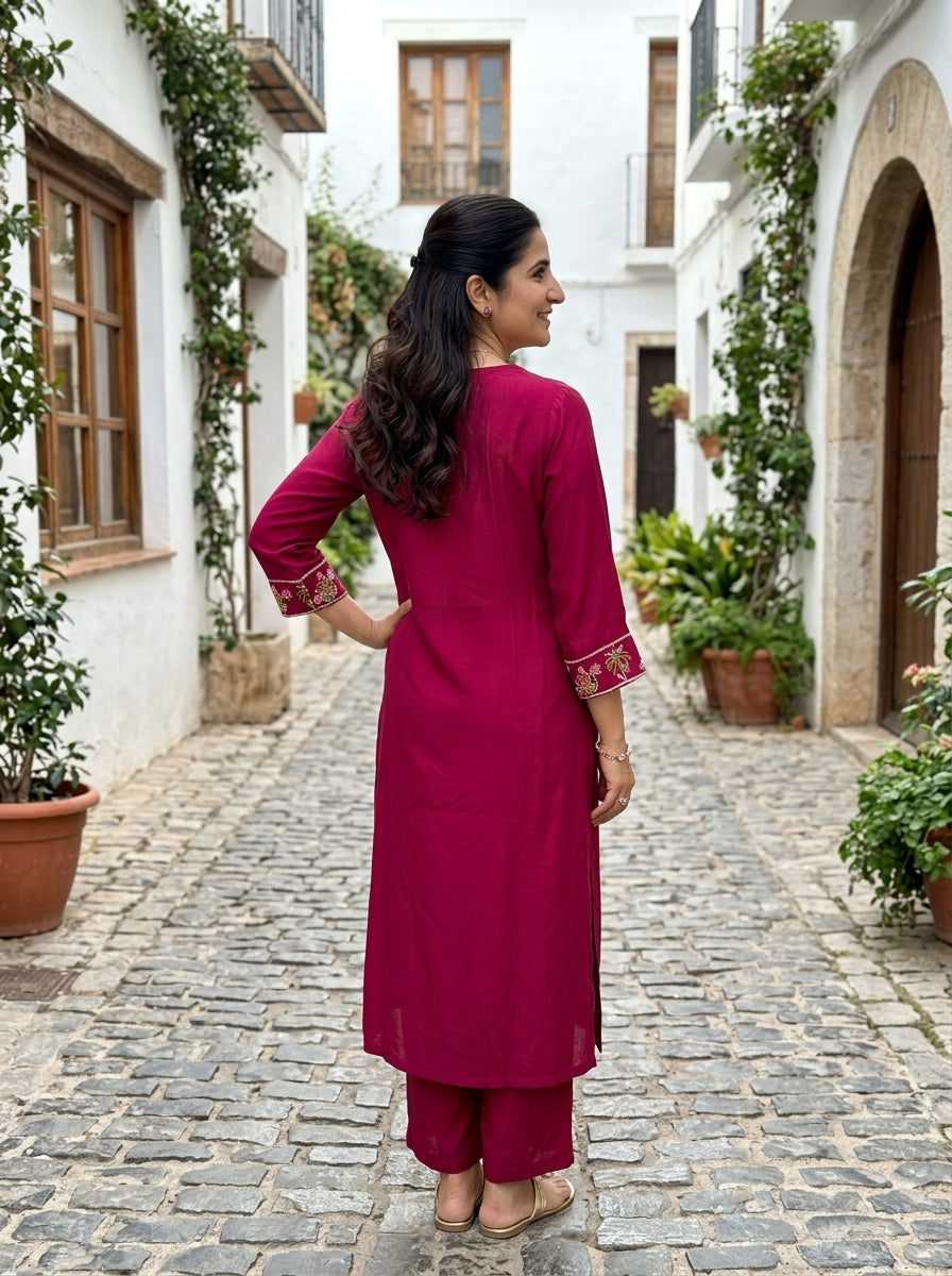 PALM BLOOM V-NECK PINK MUL MUSLIN KURTA PANT SET
