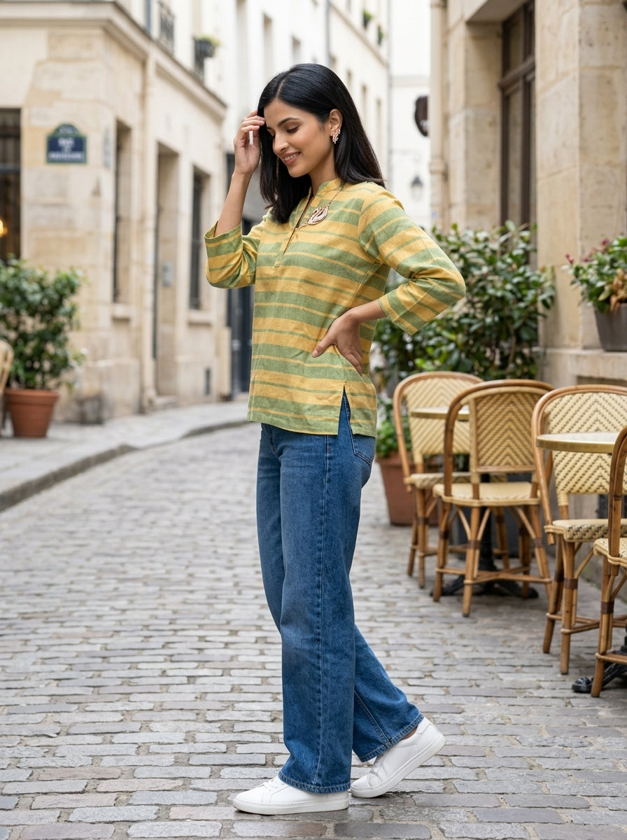 EVERYDAY COTTON STRIPE GREEN LINEN COTTON TOP