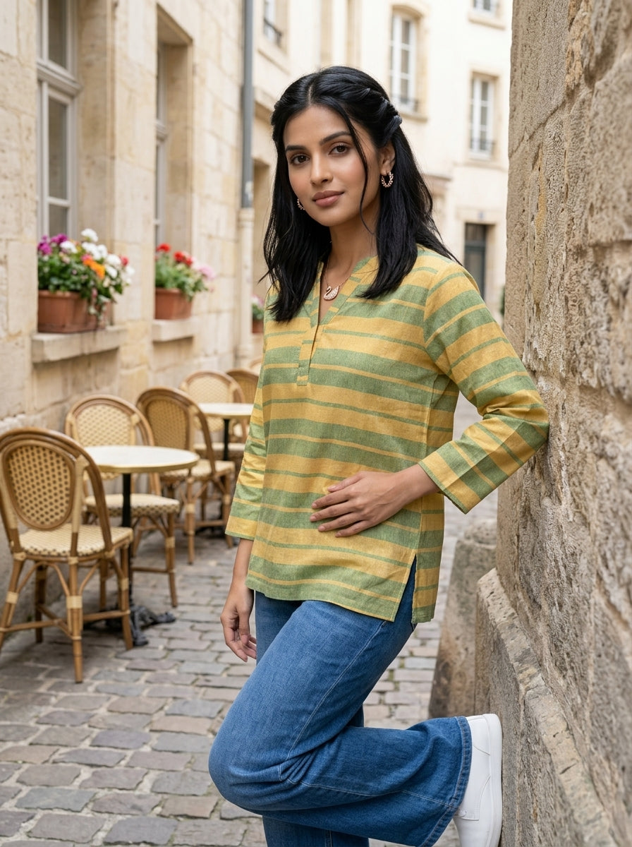 EVERYDAY COTTON STRIPE GREEN LINEN COTTON TOP