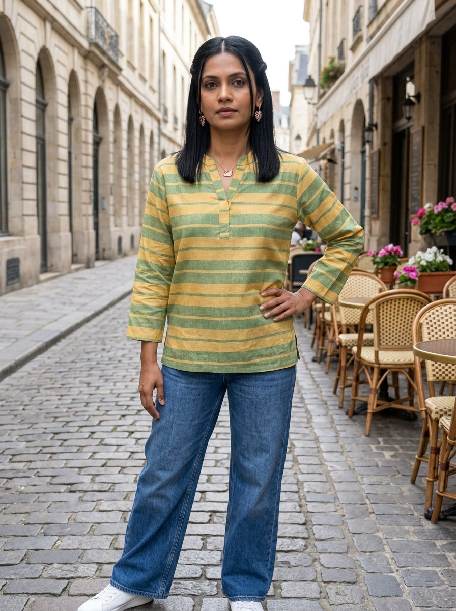 EVERYDAY COTTON STRIPE GREEN LINEN COTTON TOP