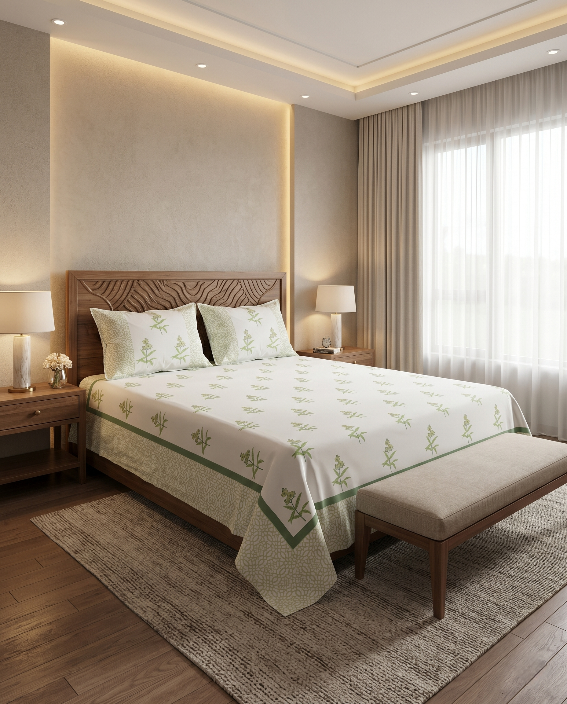 Vrinda Handblock Sage Leaf Shade Premium Cotton Bedsheet