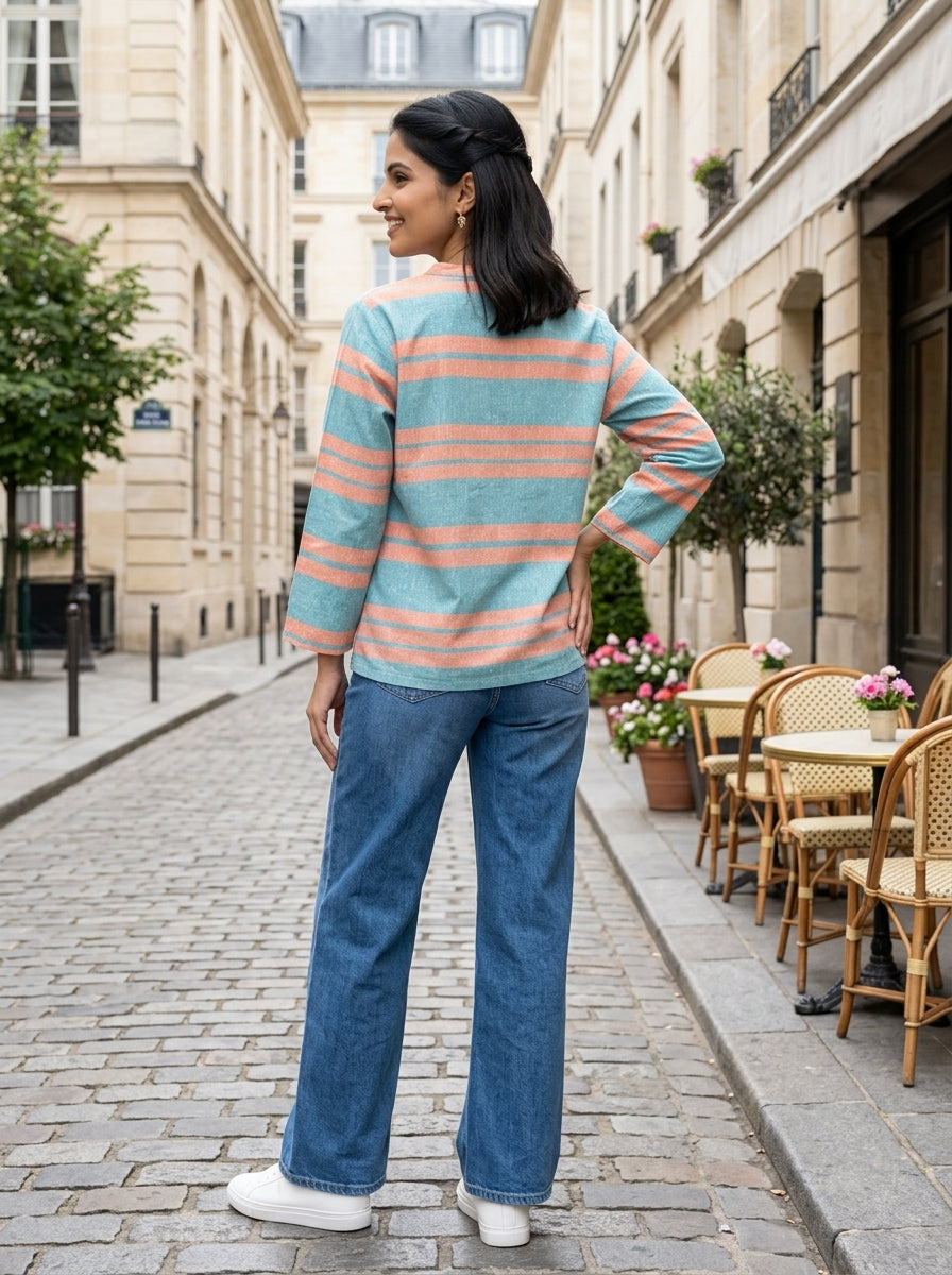 EVERYDAY COTTON STRIPE SKY BLUE/PEACH LINEN COTTON TOP