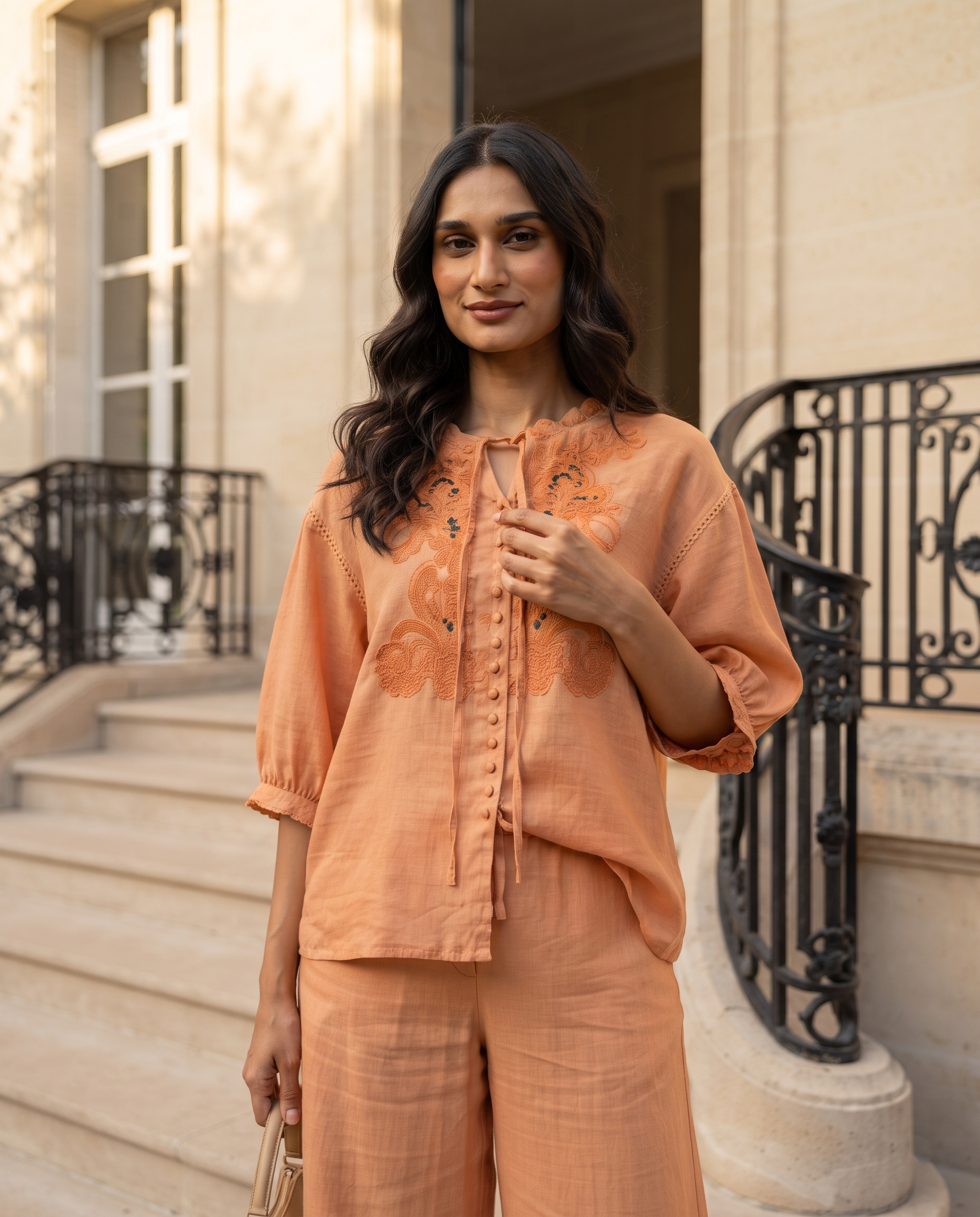 Apricot Muse European Linen Top - Burnt Peach