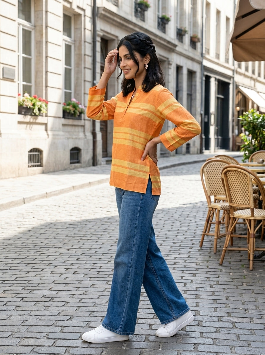 EVERYDAY COTTON STRIPE ORANGE LINEN COTTON TOP