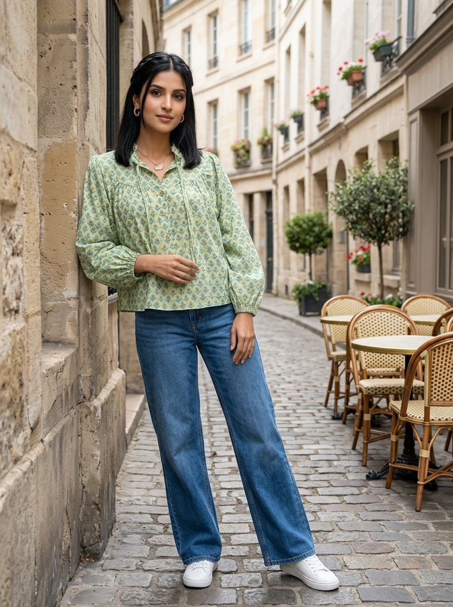 SOFT BLOSSOM LIGHT GREEN COTTON TOP (HANDBLOCK)
