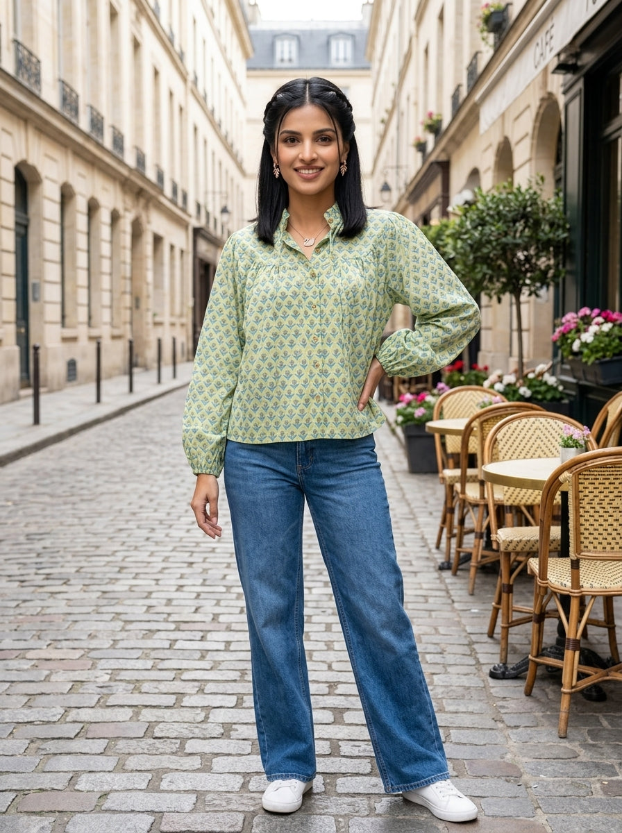 SOFT BLOSSOM LIGHT GREEN COTTON TOP (HANDBLOCK)