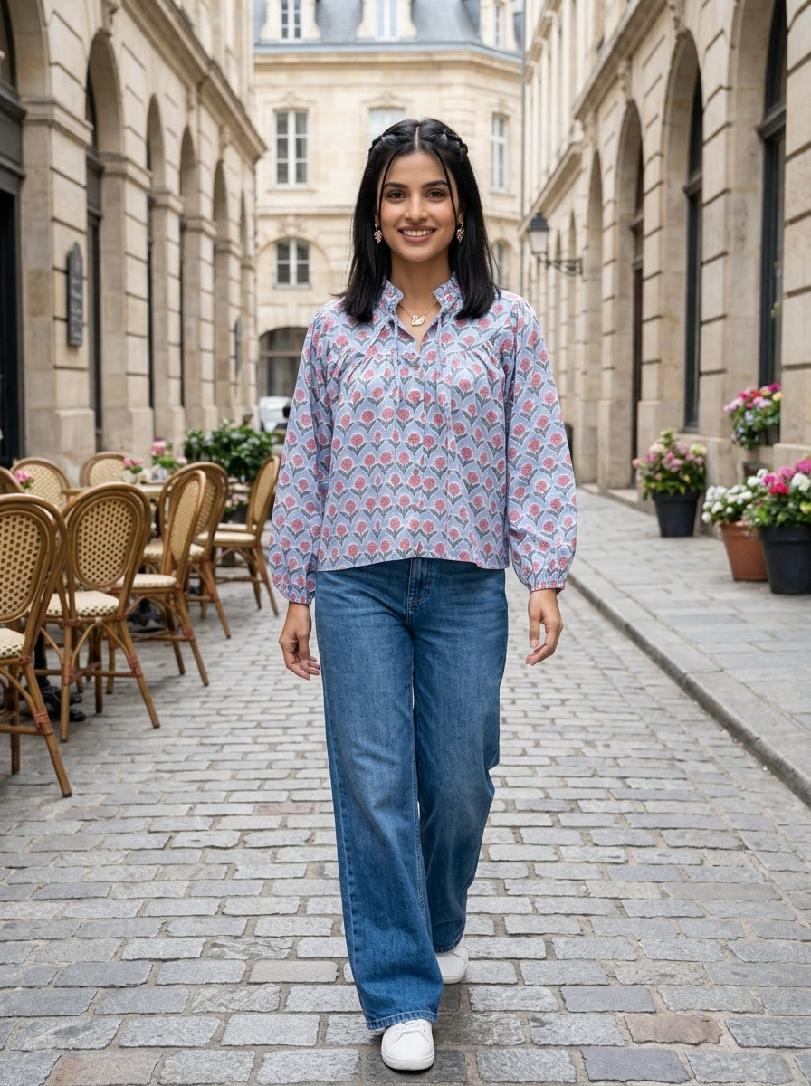 SOFT BLOSSOM BLUE COTTON TOP (HANDBLOCK)