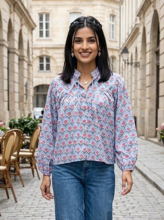 SOFT BLOSSOM BLUE COTTON TOP (HANDBLOCK)