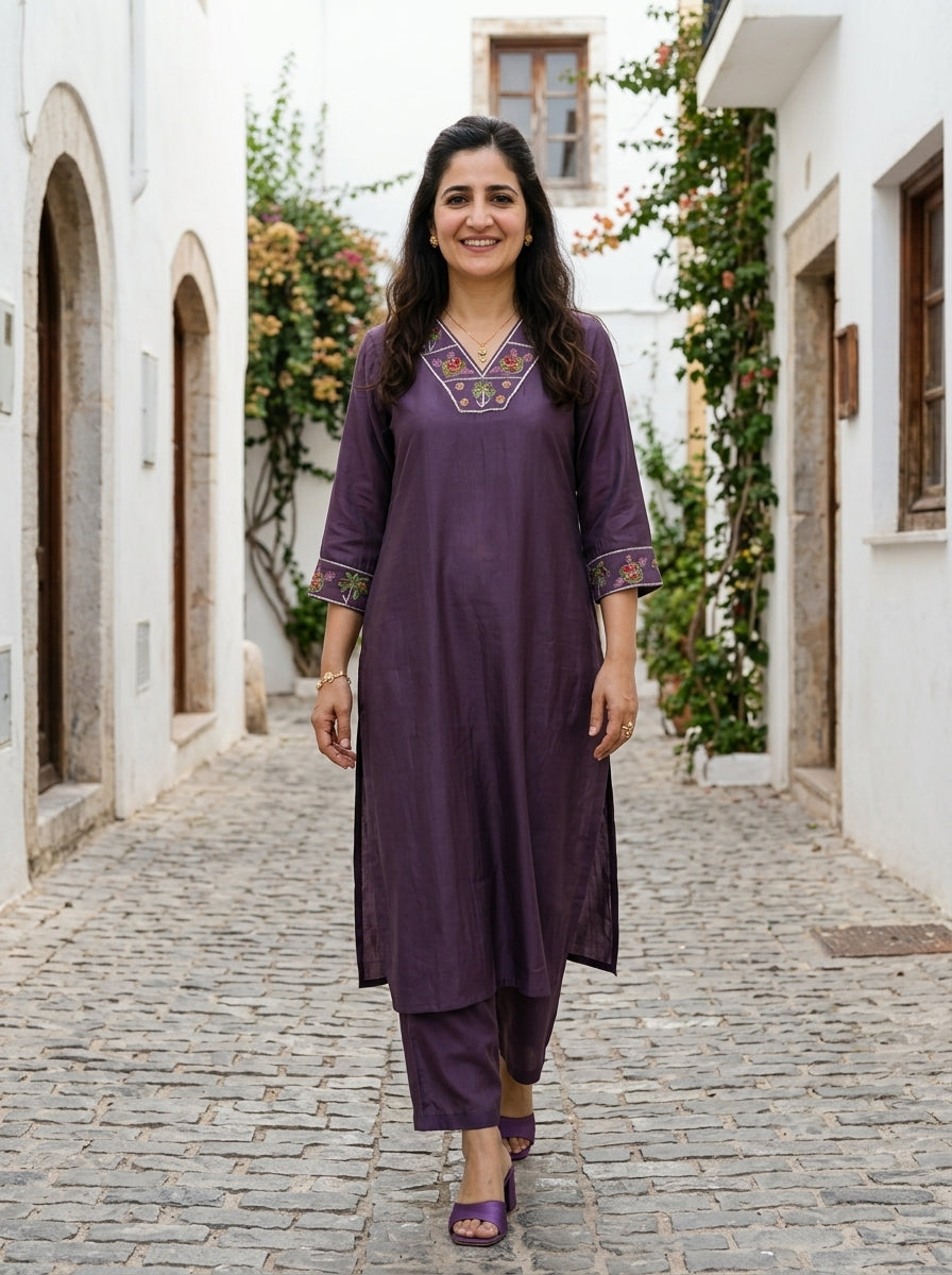 PALM BLOOM V-NECK MUL MUSLIN PURPLE KURTA PANT SET