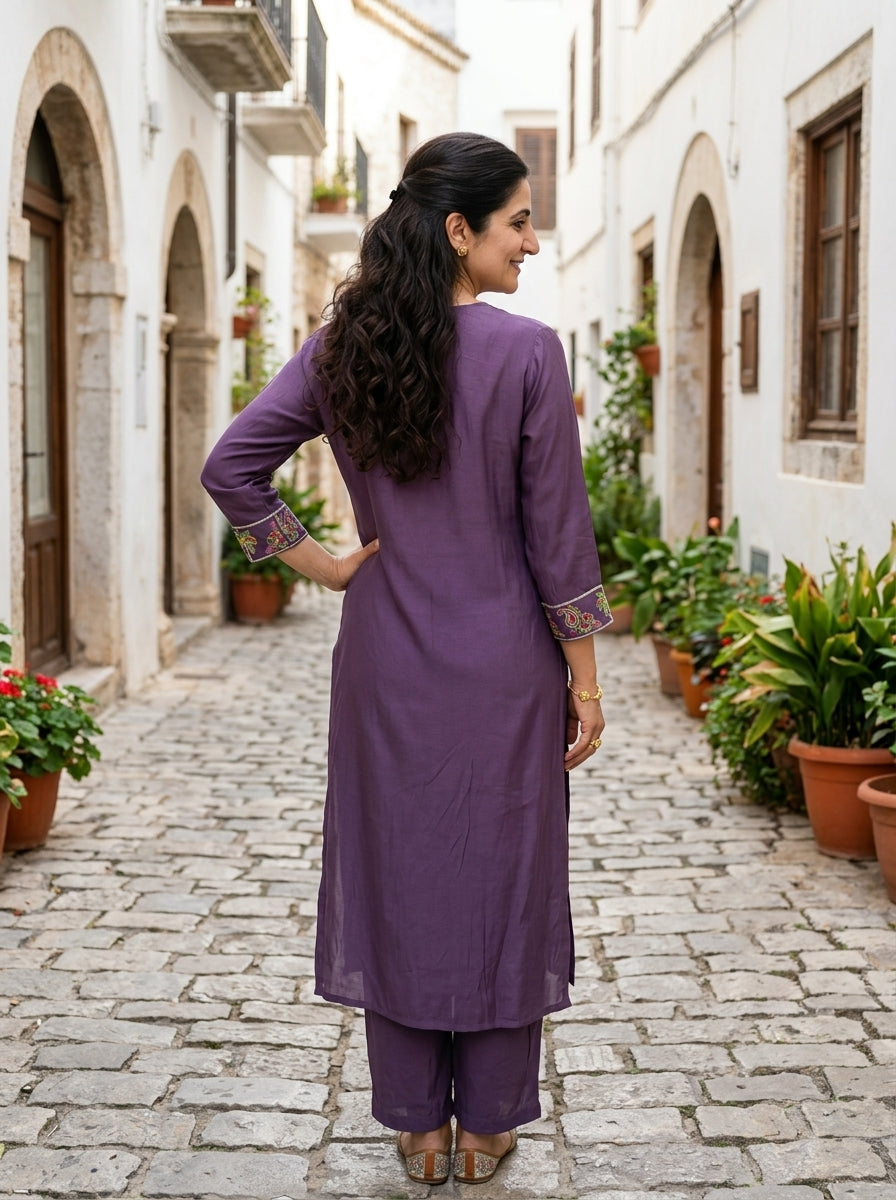 PALM BLOOM V-NECK MUL MUSLIN PURPLE KURTA PANT SET