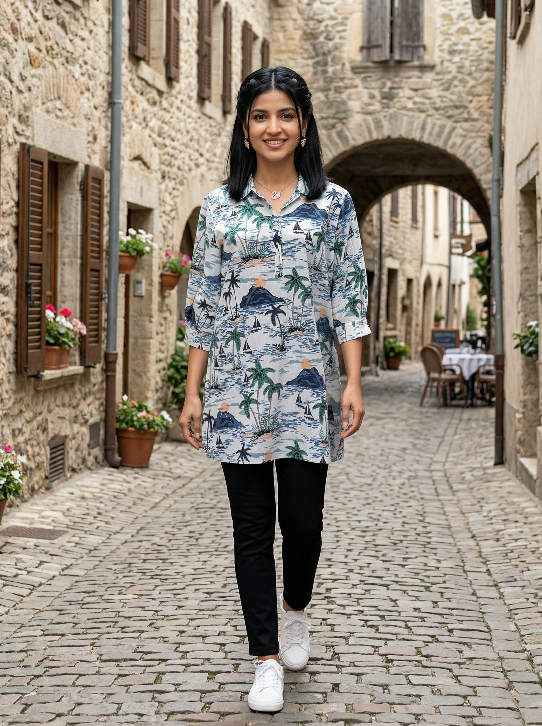 THE EASY VIBE BEACH PRINT FINE COTTON TUNIC (HANDPRINTED)