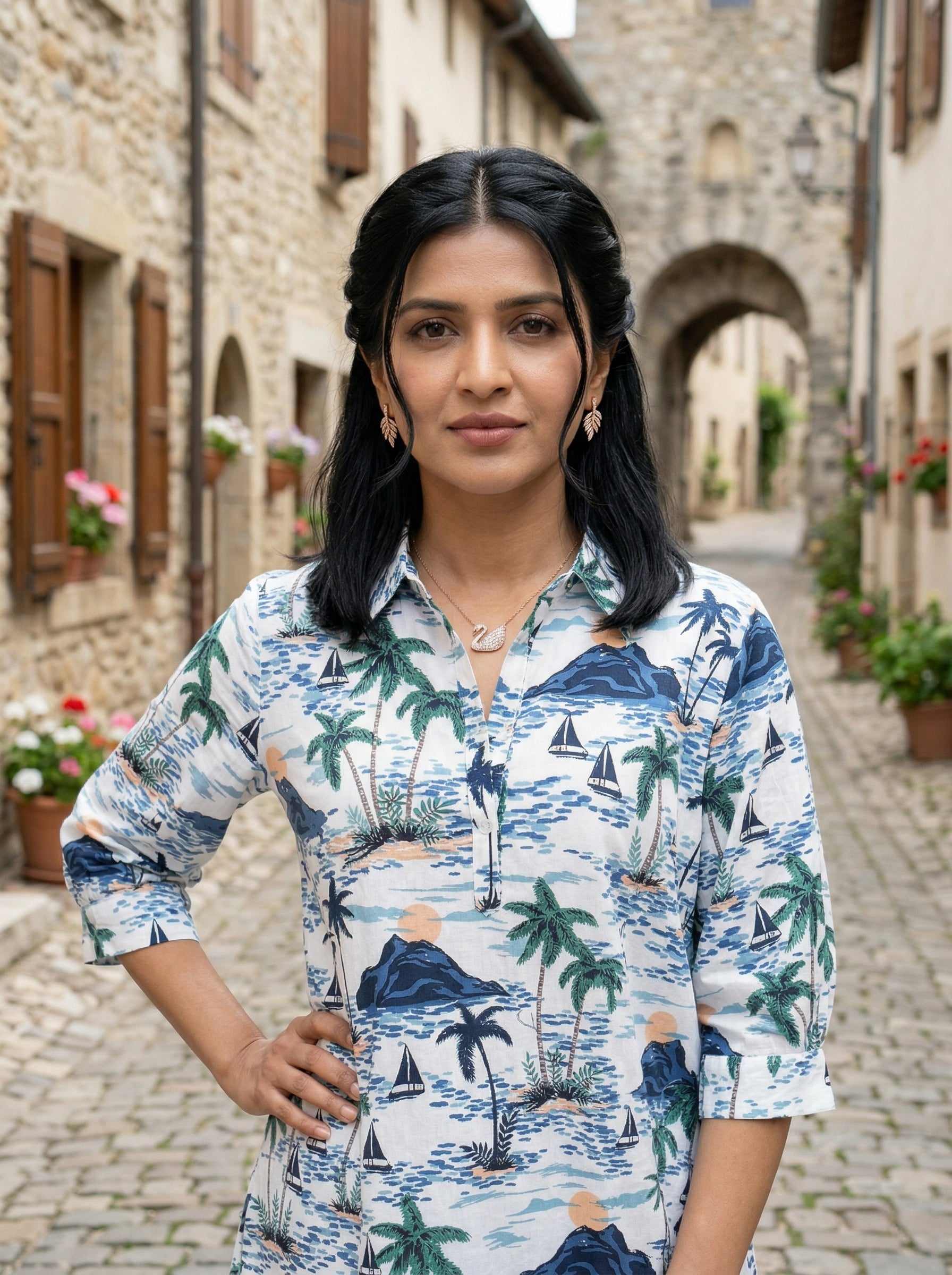 THE EASY VIBE BEACH PRINT FINE COTTON TUNIC (HANDPRINTED)