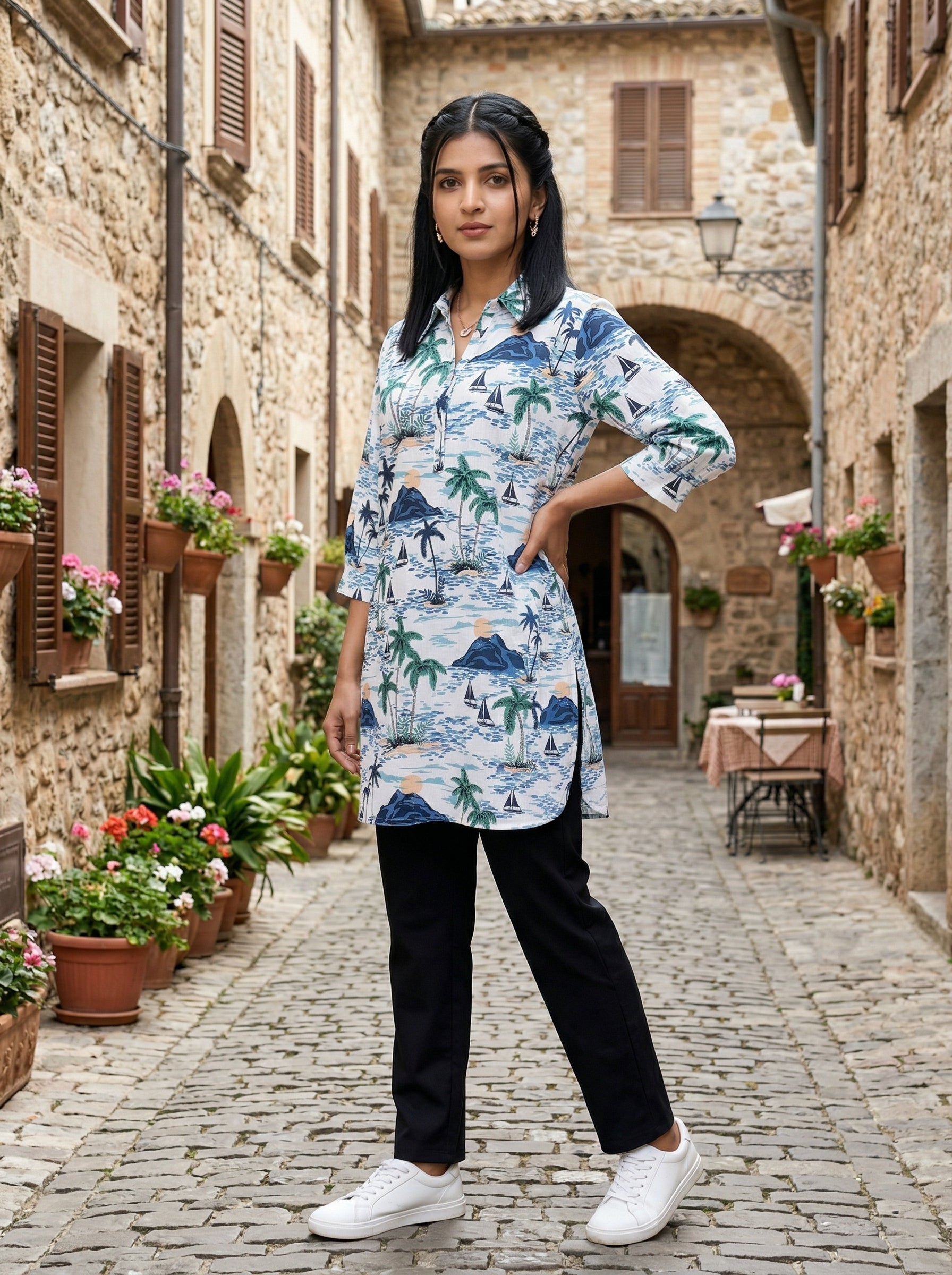 THE EASY VIBE BEACH PRINT FINE COTTON TUNIC (HANDPRINTED)